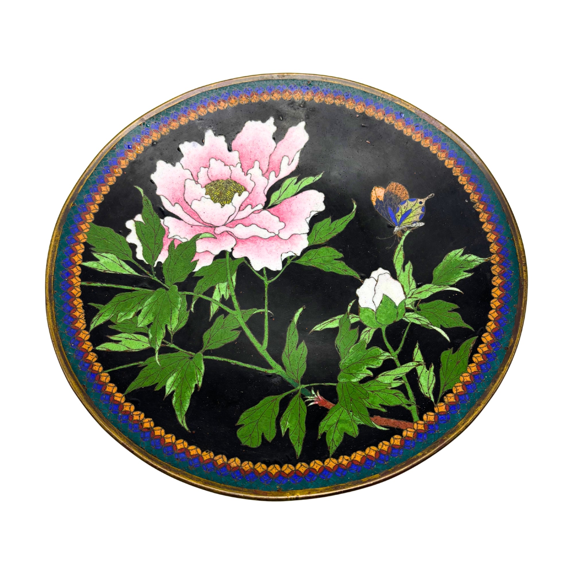 VINTAGE CHINESE CLOISONNÉ ENAMEL PEONY BOWL DISH – BLACK FLORAL BUTTERFLY DECOR, 11”