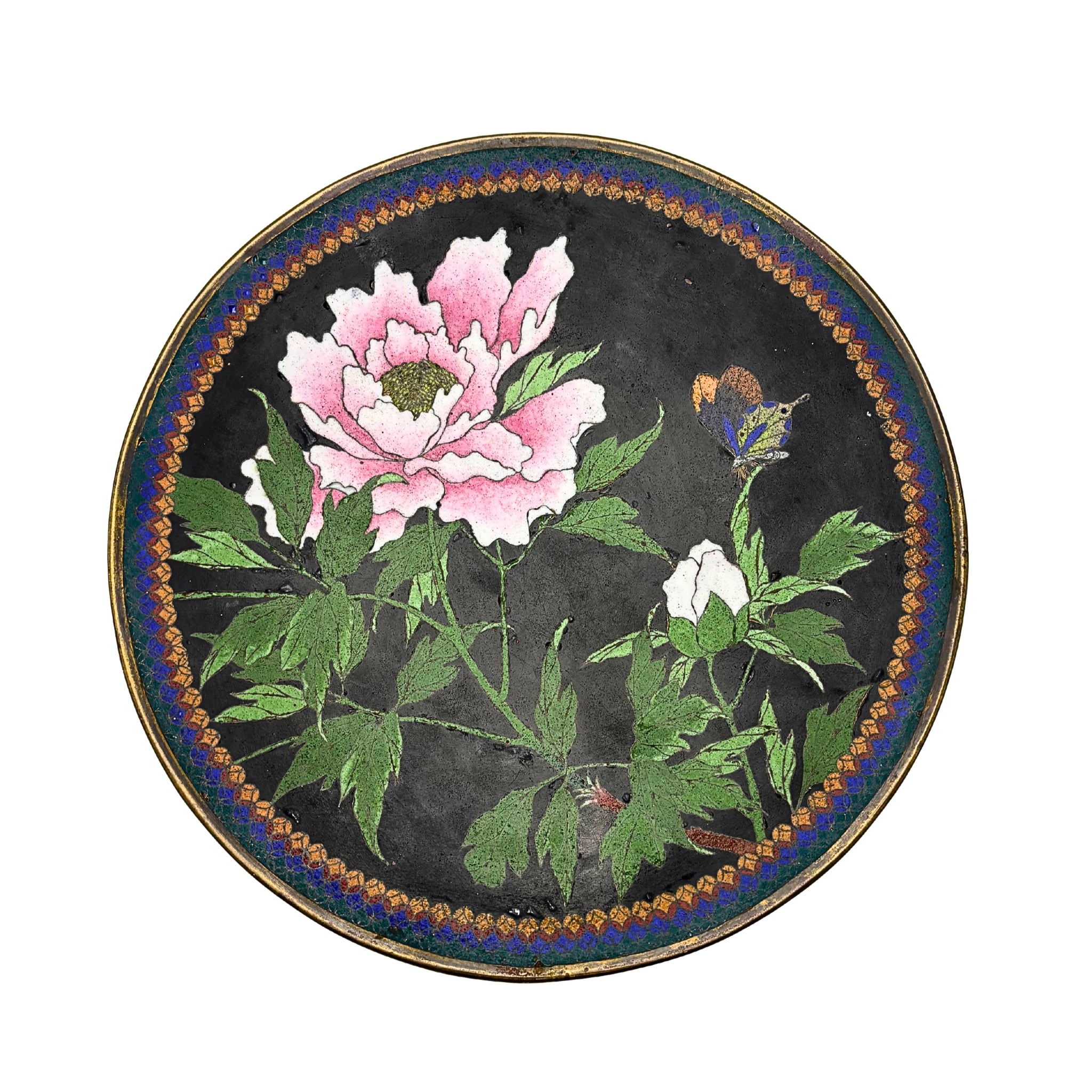 VINTAGE CHINESE CLOISONNÉ ENAMEL PEONY BOWL DISH – BLACK FLORAL BUTTERFLY DECOR, 11”