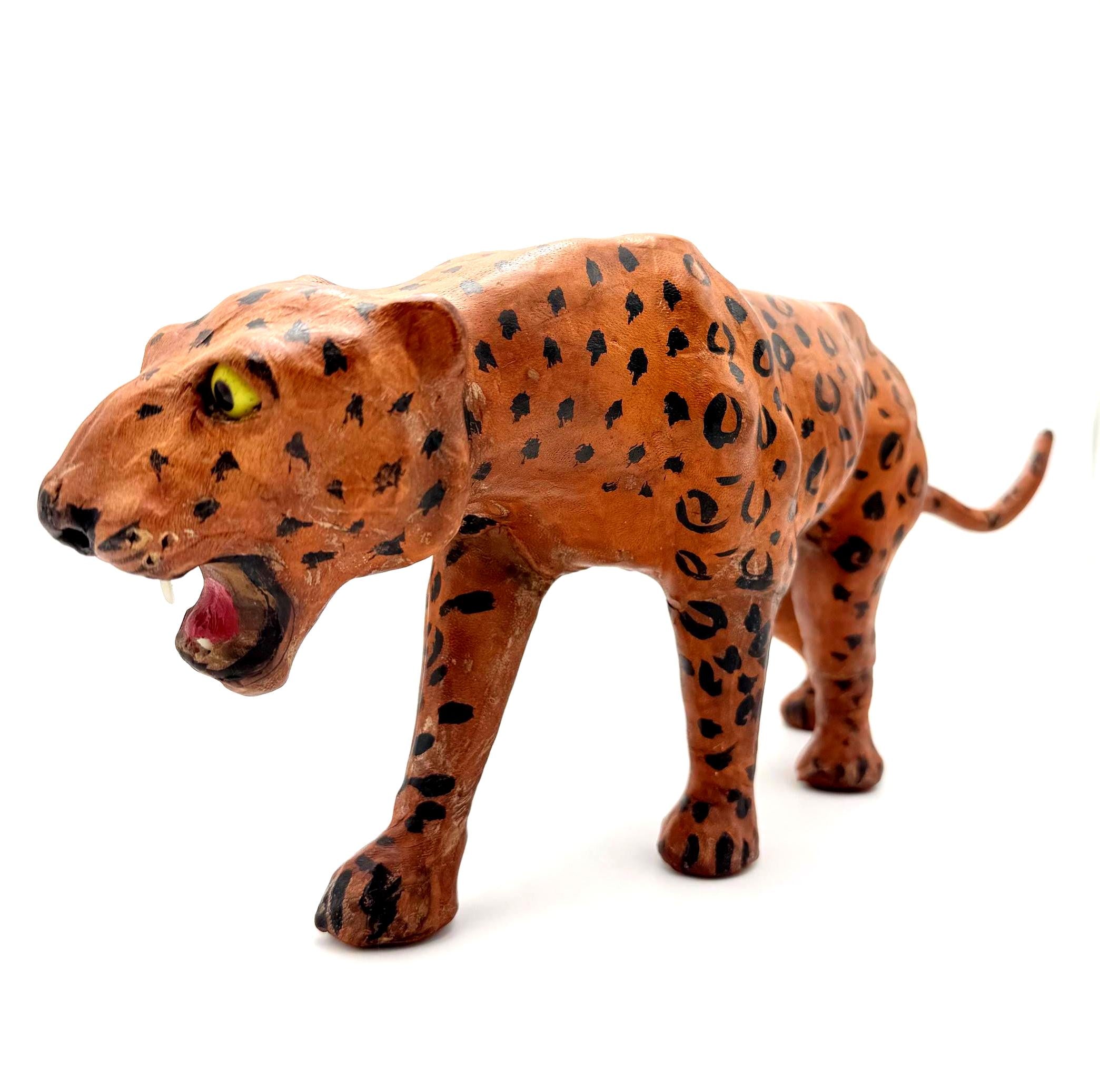 VINTAGE HAND-PAINTED LEATHER LEOPARD SCULPTURE