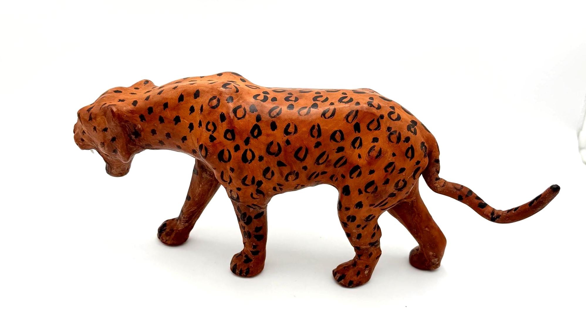 VINTAGE HAND-PAINTED LEATHER LEOPARD SCULPTURE
