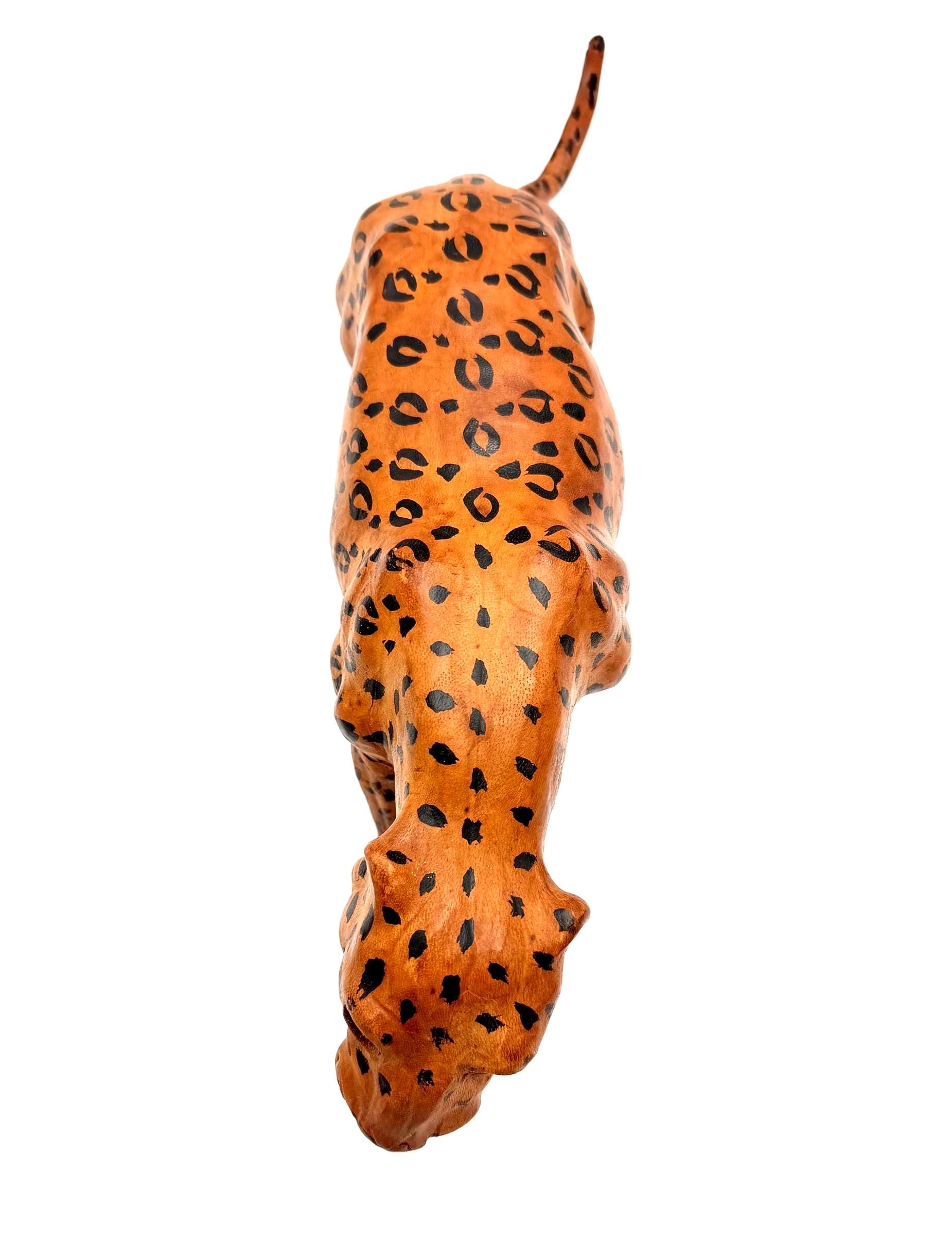 VINTAGE HAND-PAINTED LEATHER LEOPARD SCULPTURE