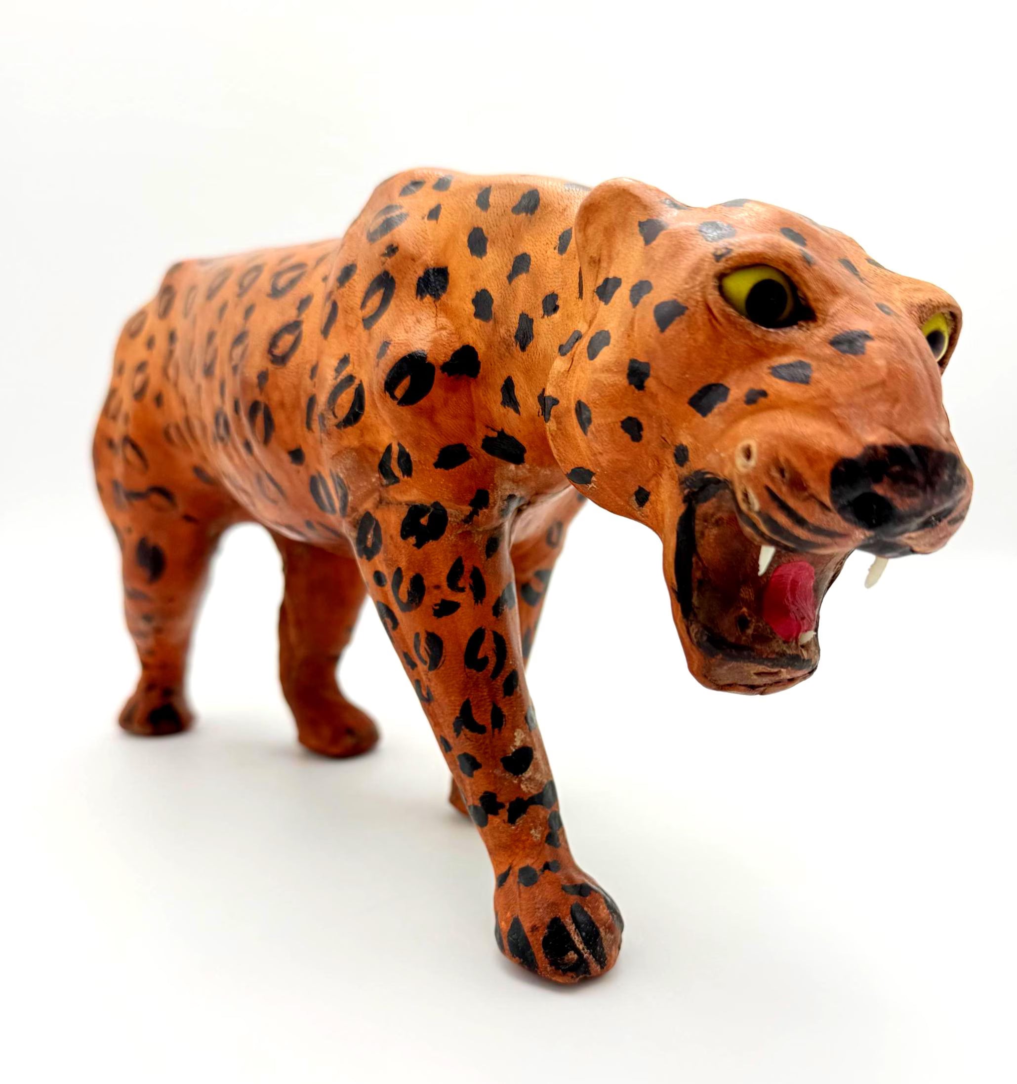 VINTAGE HAND-PAINTED LEATHER LEOPARD SCULPTURE