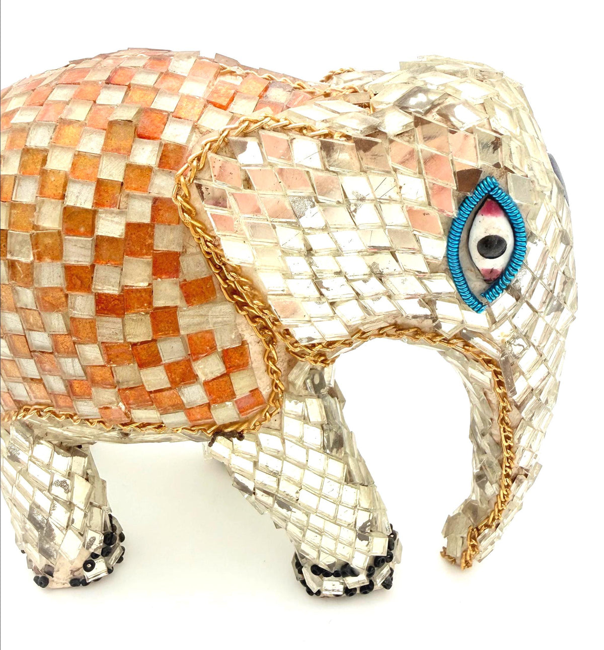 VINTAGE HANDMADE PHILIPPINE CAPIZ SHELL MOSAIC ELEPHANT FIGURINE WITH DUAL-TONE AMBER & RUBY BLANKET
