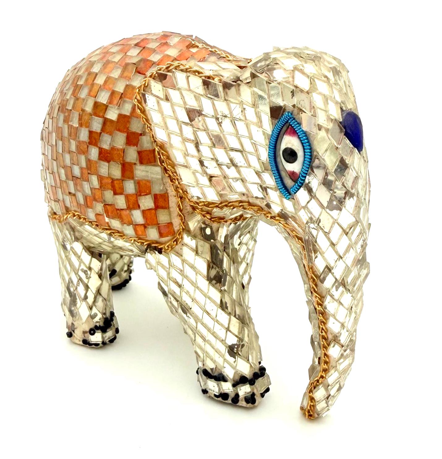VINTAGE HANDMADE PHILIPPINE CAPIZ SHELL MOSAIC ELEPHANT FIGURINE WITH DUAL-TONE AMBER & RUBY BLANKET
