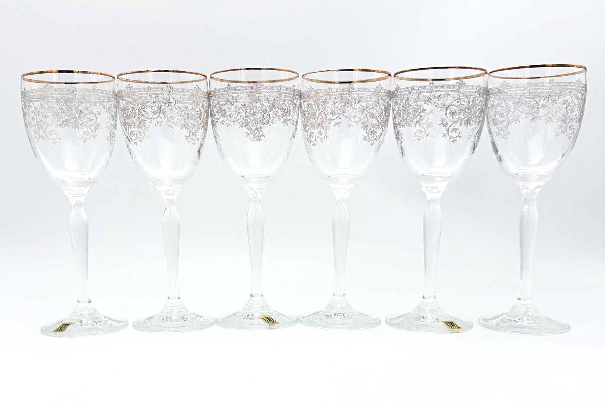 VINTAGE LR SLOVAKIA CRYSTAL WINE GLASSES – SET OF 6 GOLD RIM ETCHED FLORAL GOBLETS