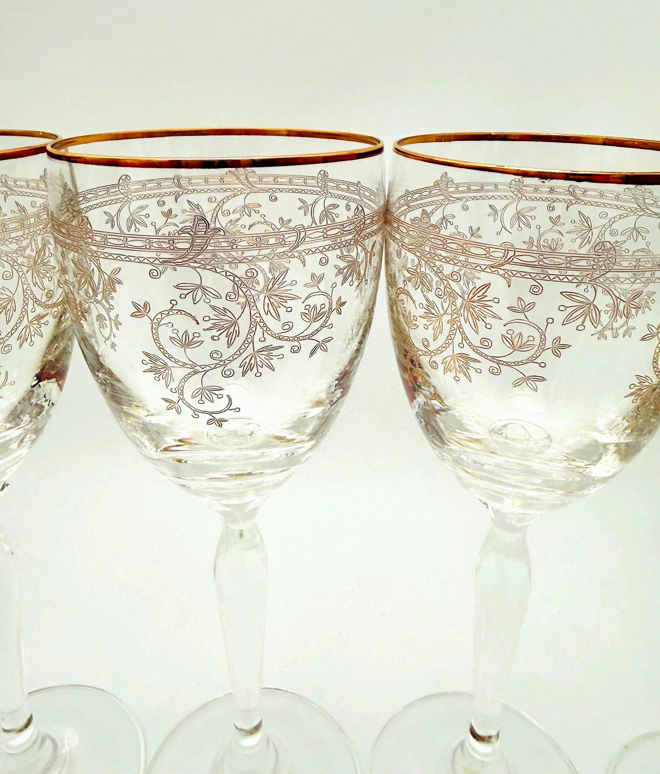VINTAGE LR SLOVAKIA CRYSTAL WINE GLASSES – SET OF 6 GOLD RIM ETCHED FLORAL GOBLETS