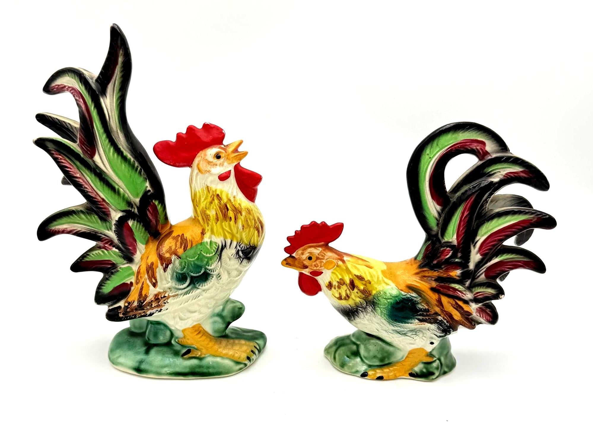 VINTAGE MID-CENTURY JAPANESE CERAMIC ROOSTER FIGURINES – PAIR