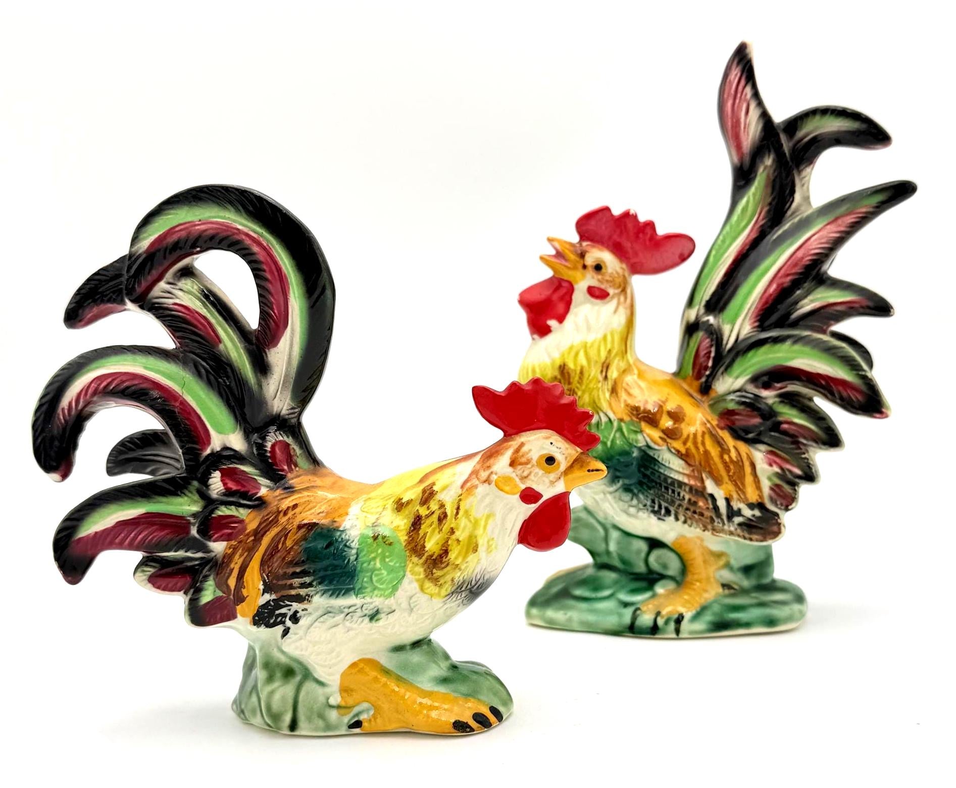 VINTAGE MID-CENTURY JAPANESE CERAMIC ROOSTER FIGURINES – PAIR