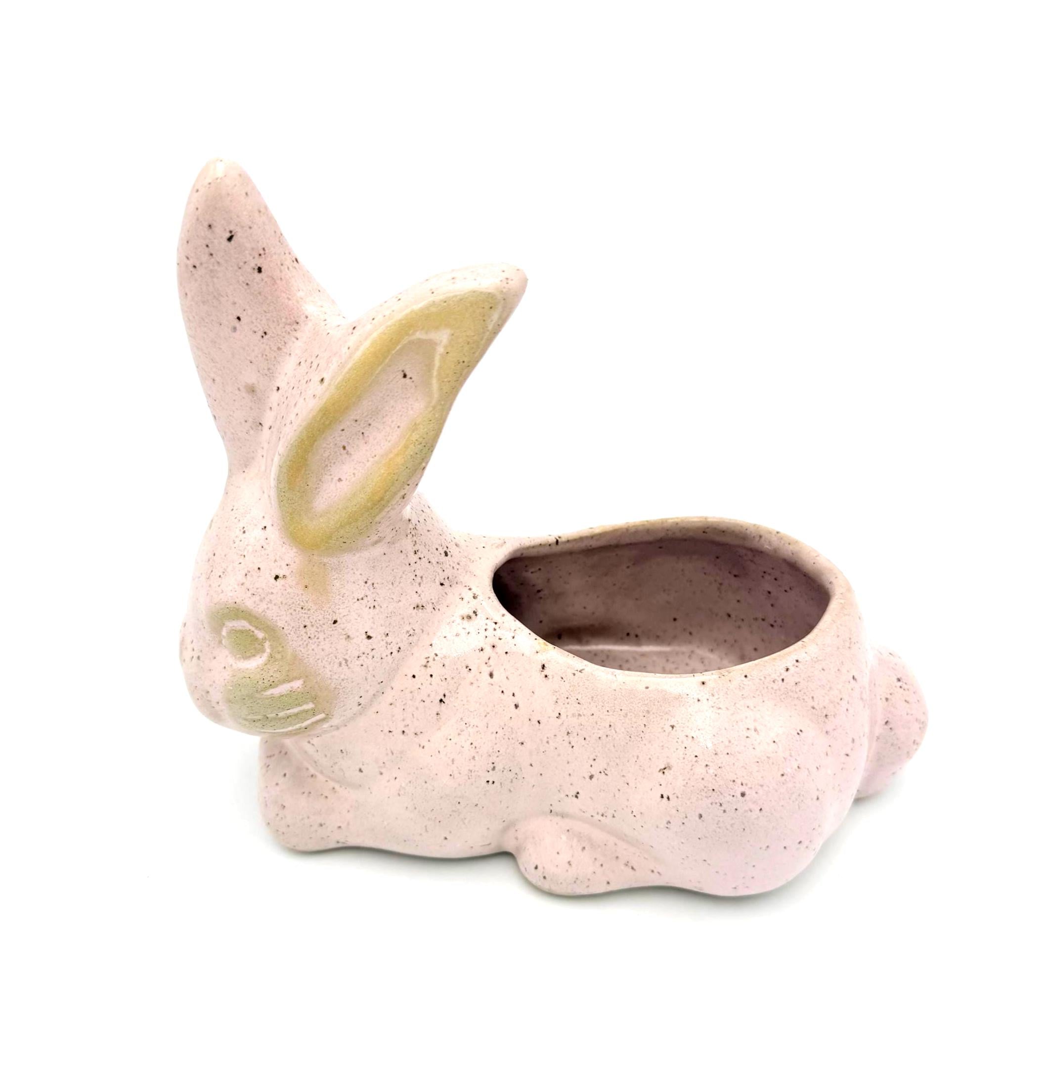 VINTAGE SPECKLED PINK CERAMIC BUNNY PLANTER