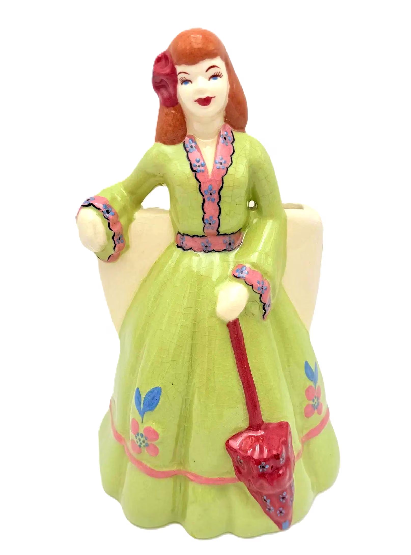 VINTAGE 1950S FIGURAL LADY DOUBLE PLANTER ATTRIBUTED FLORENCE CERAMICS CHARTREUSE GREEN DRESS