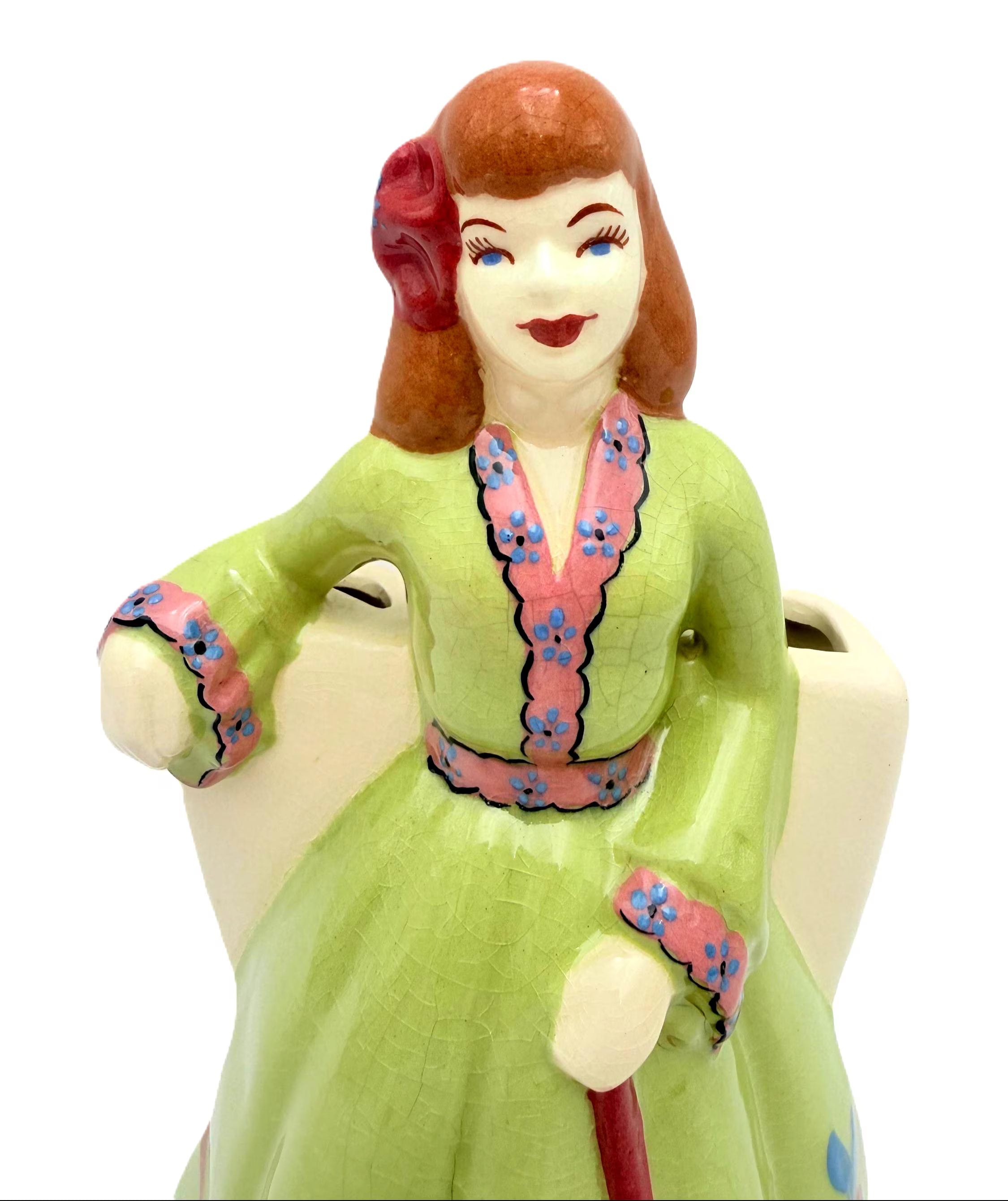 VINTAGE 1950S FIGURAL LADY DOUBLE PLANTER ATTRIBUTED FLORENCE CERAMICS CHARTREUSE GREEN DRESS