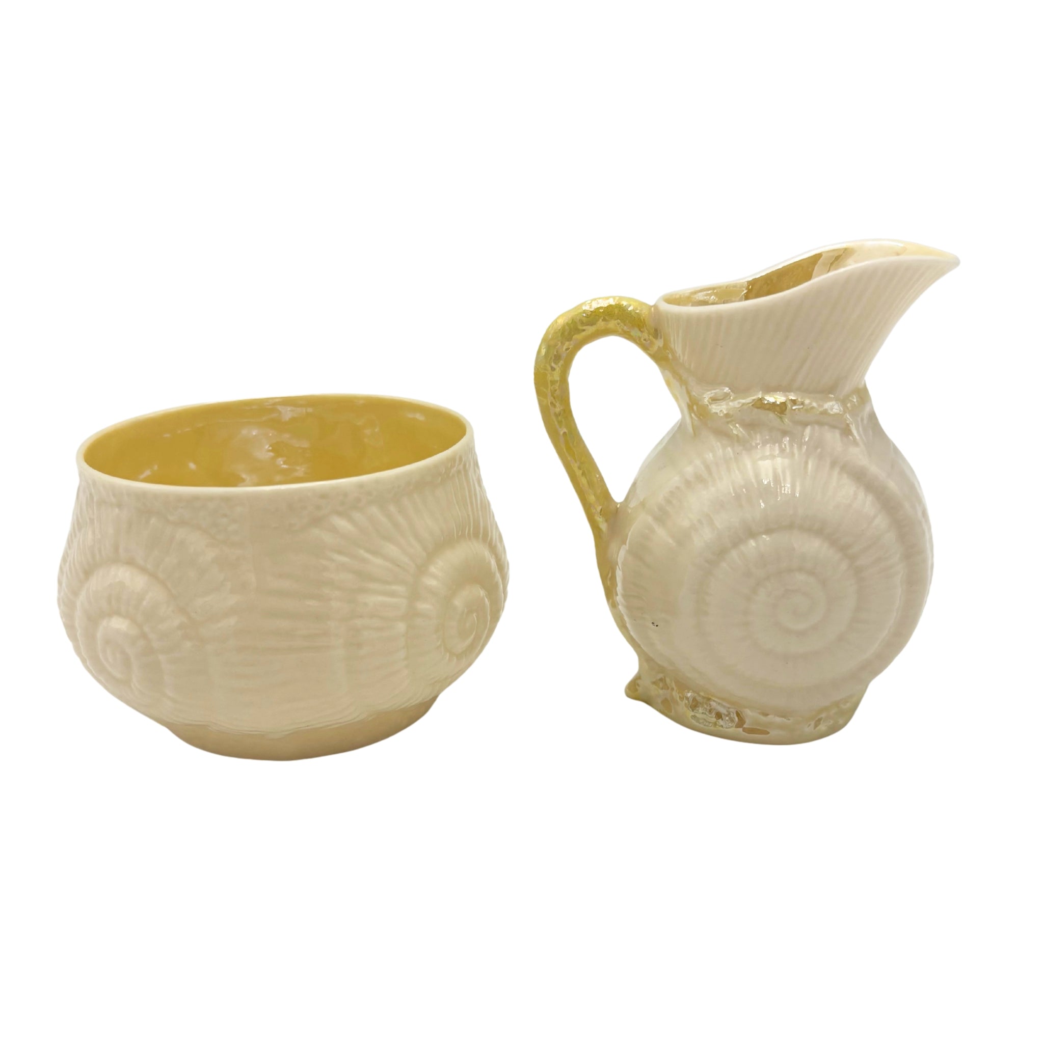 VINTAGE BELLEEK SHELL CREAMER AND SUGAR SET – IRISH PORCELAIN YELLOW LUSTER NAUTILUS DECOR