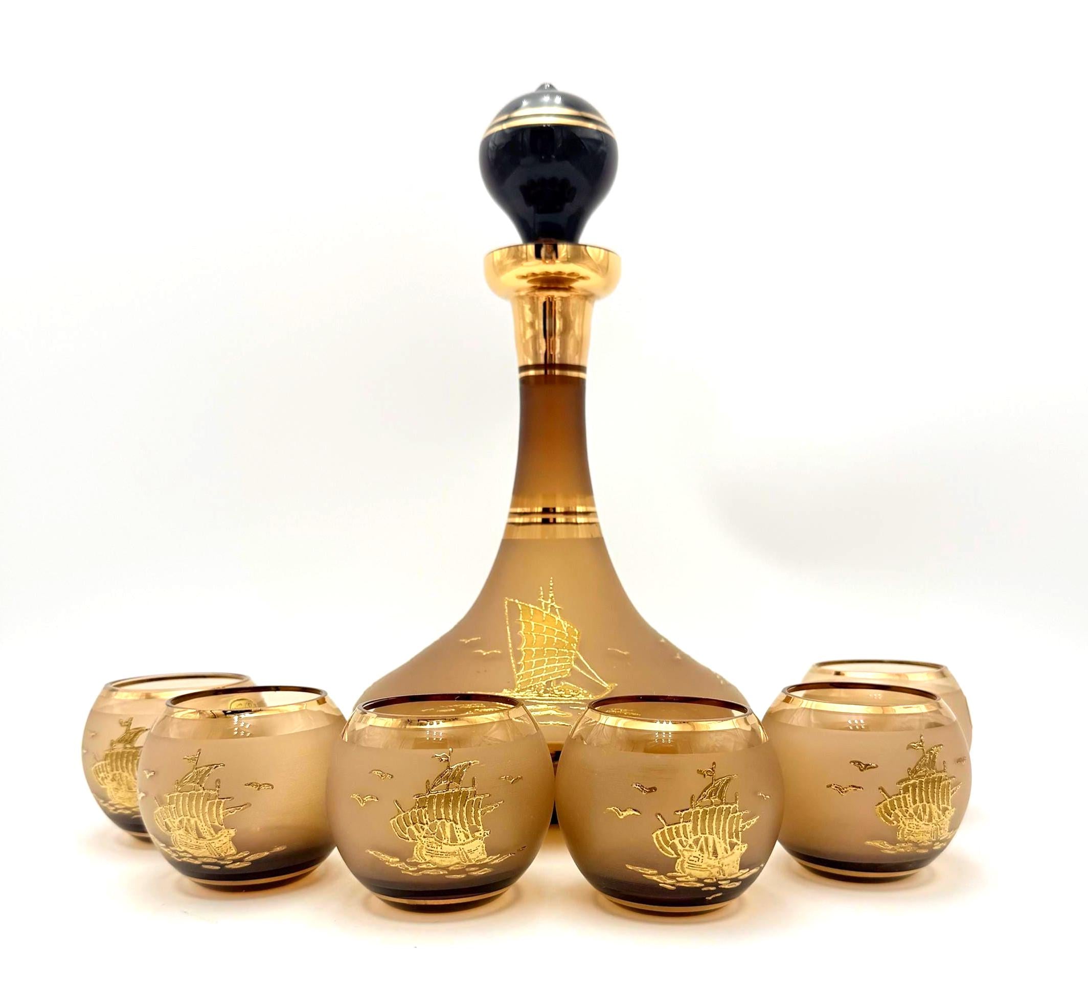 VINTAGE BOHEMIA GLASS NAUTICAL DECANTER SET – CZECHOSLOVAKIA – FROSTED CHAMPAGNE GOLD GALLEON BARWARE – 7 PIECES