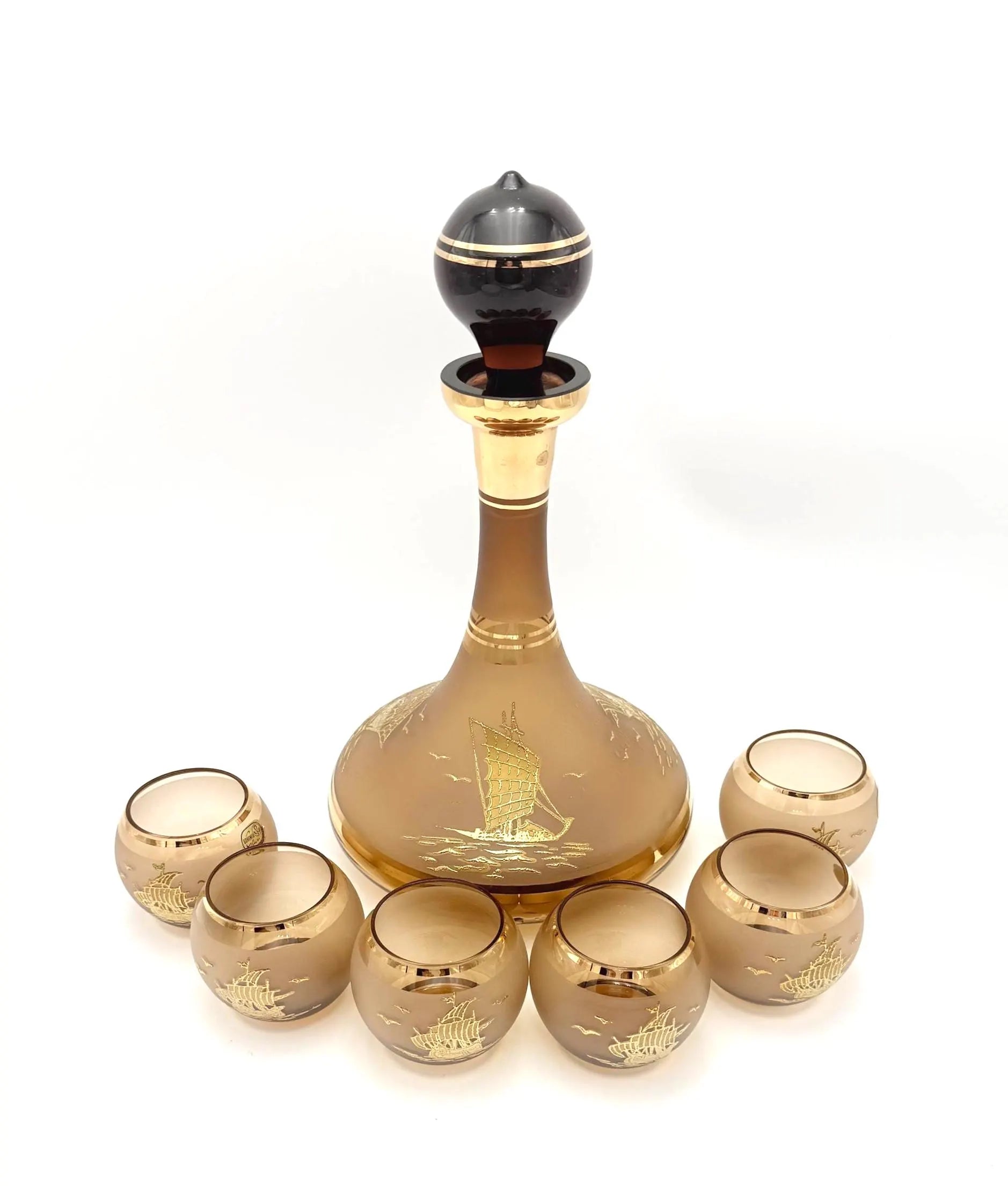 VINTAGE BOHEMIA GLASS NAUTICAL DECANTER SET – CZECHOSLOVAKIA – FROSTED CHAMPAGNE GOLD GALLEON BARWARE – 7 PIECES