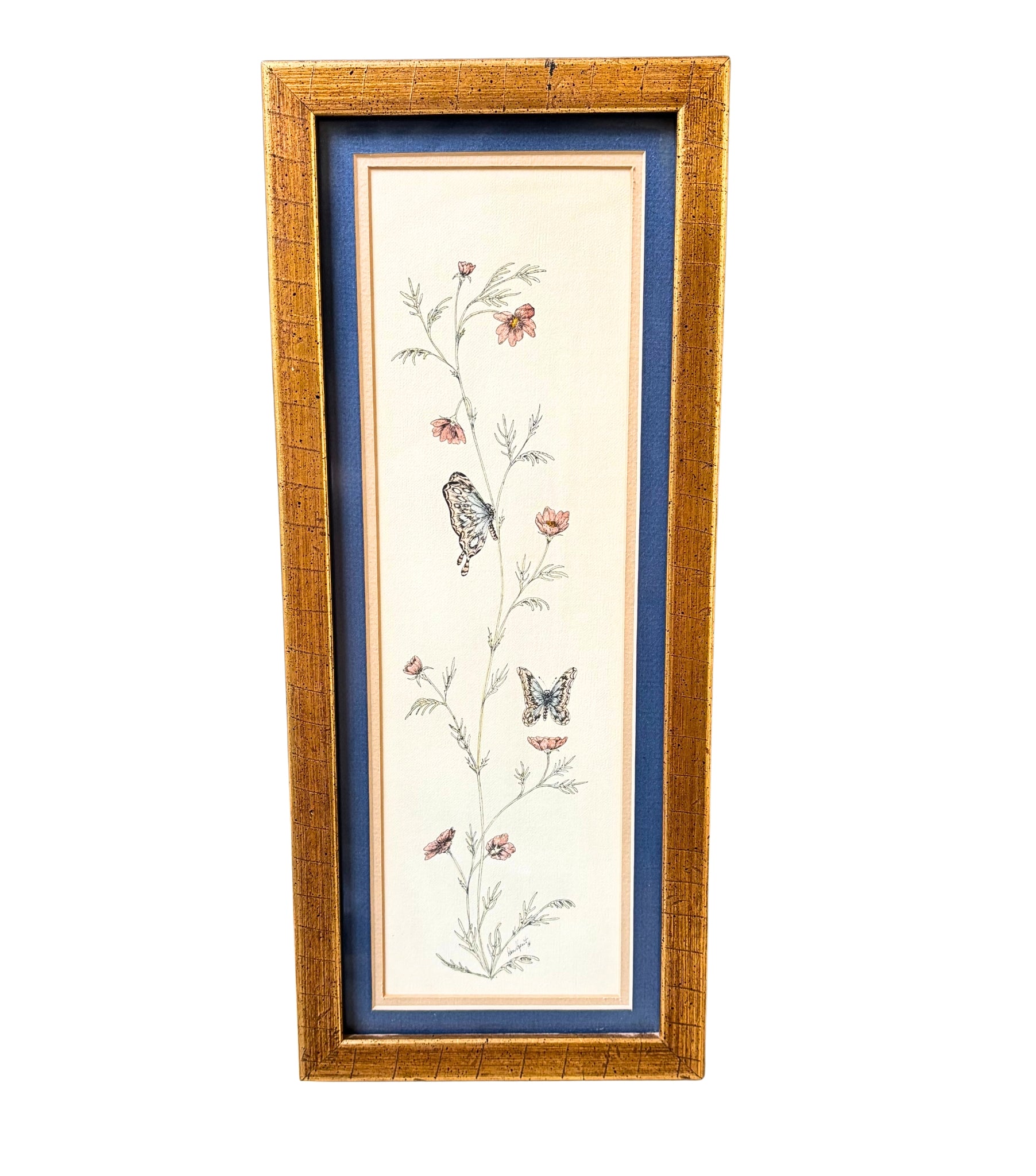 VINTAGE BOTANICAL BUTTERFLY WALL ART IN GOLD FRAME WITH BLUE MAT