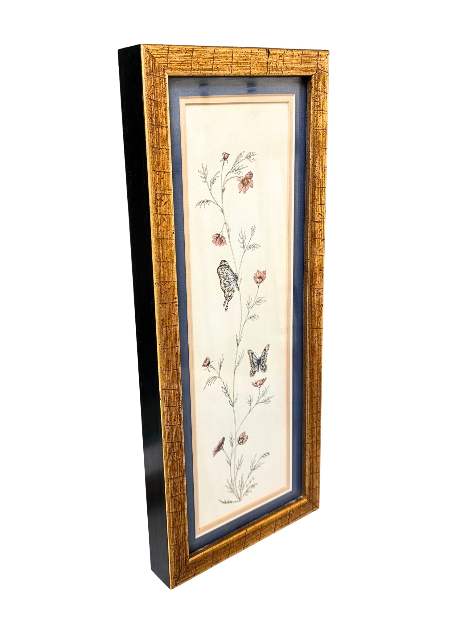 VINTAGE BOTANICAL BUTTERFLY WALL ART IN GOLD FRAME WITH BLUE MAT