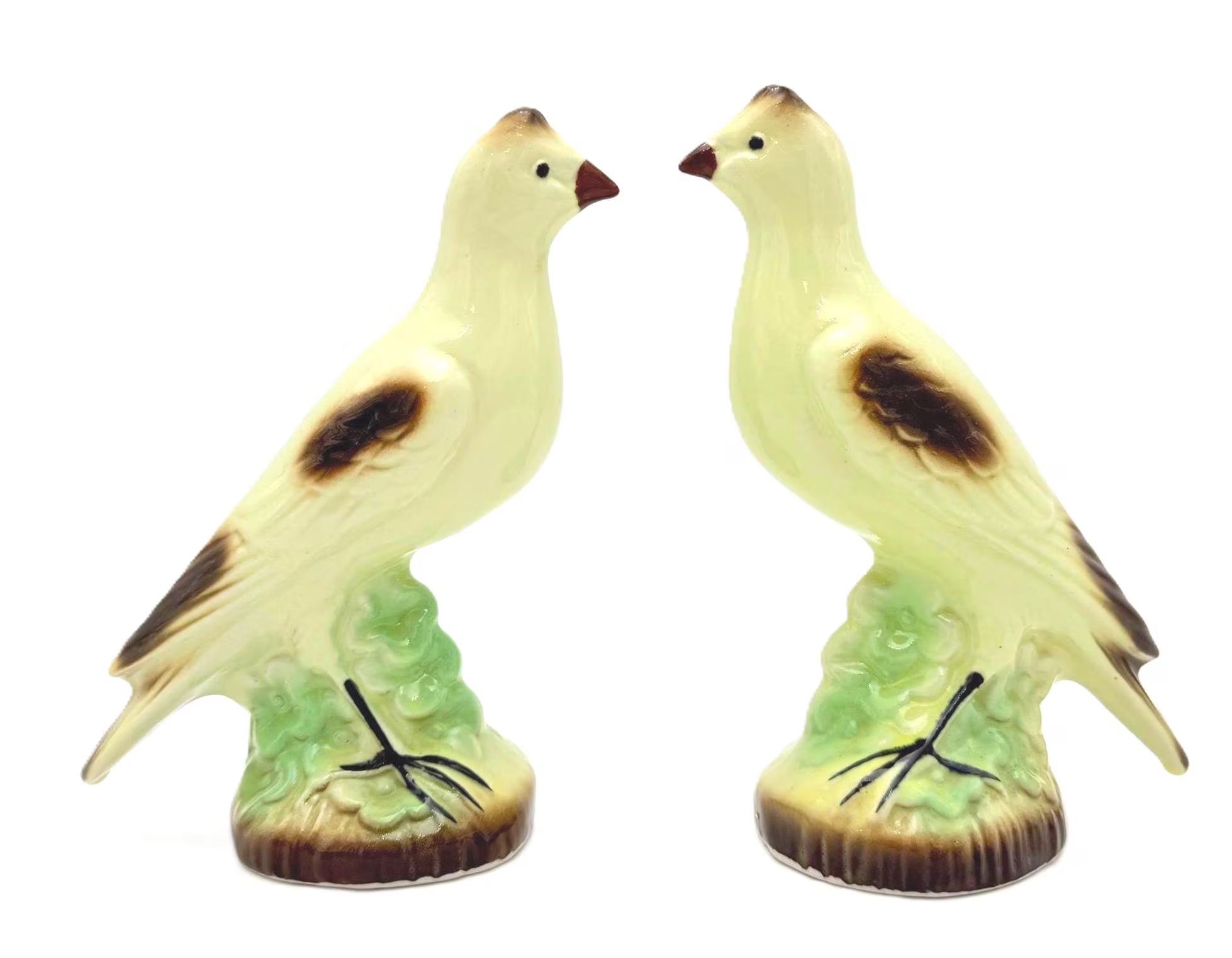 VINTAGE BRAZILIAN MINT GREEN CERAMIC BIRD FIGURINES – PAIR OF MID-CENTURY DECORATIVE BIRDS