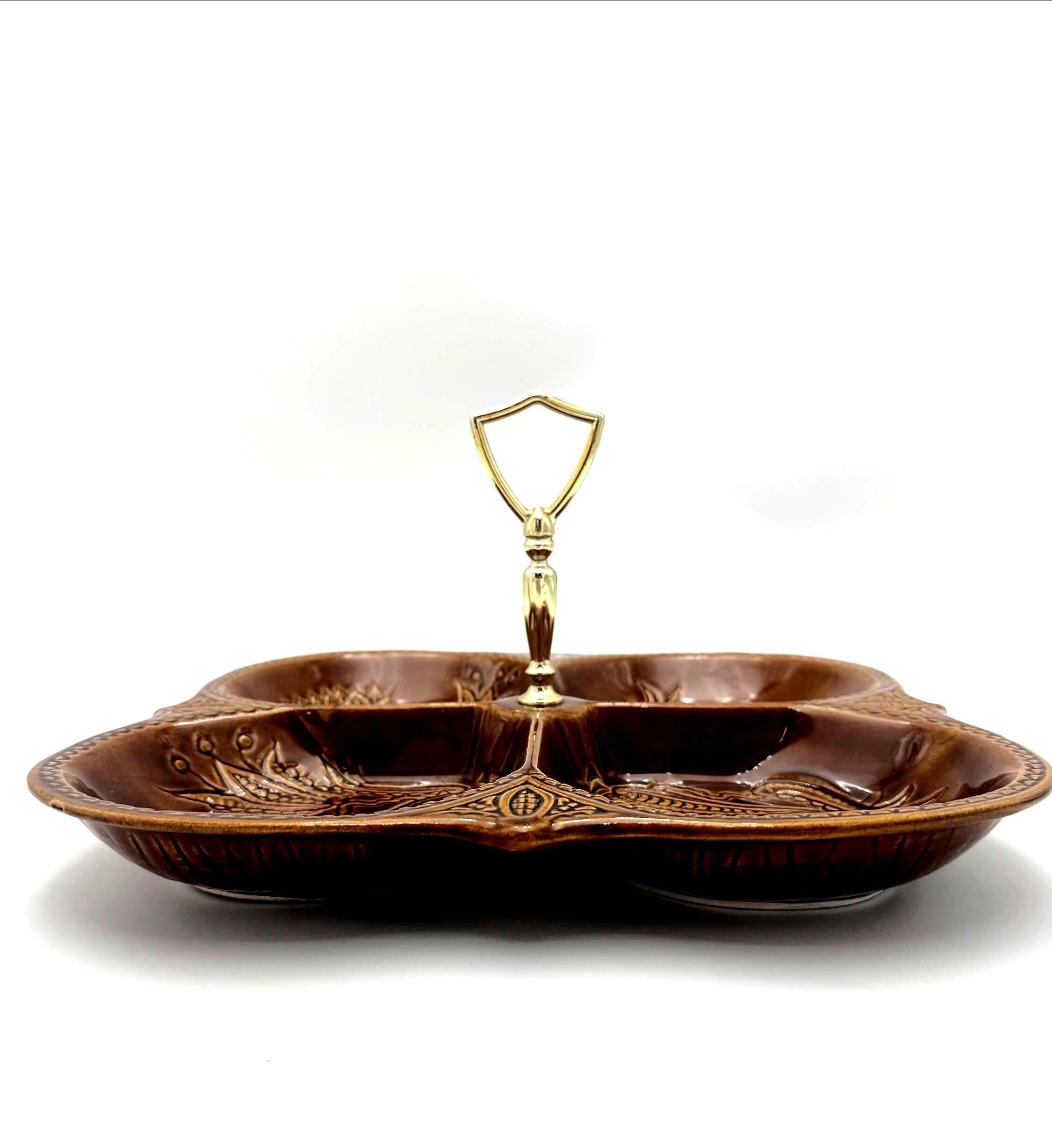 VINTAGE CALIFORNIA POTTERY DIVIDED RELISH TRAY WITH BRASS HANDLE | CALIFORNIA USA NO. 1203