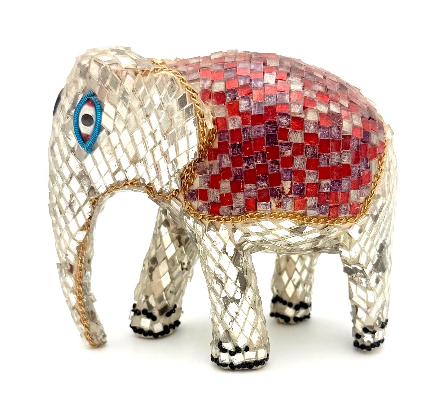 VINTAGE HANDMADE PHILIPPINE CAPIZ SHELL MOSAIC ELEPHANT FIGURINE WITH DUAL-TONE AMBER & RUBY BLANKET