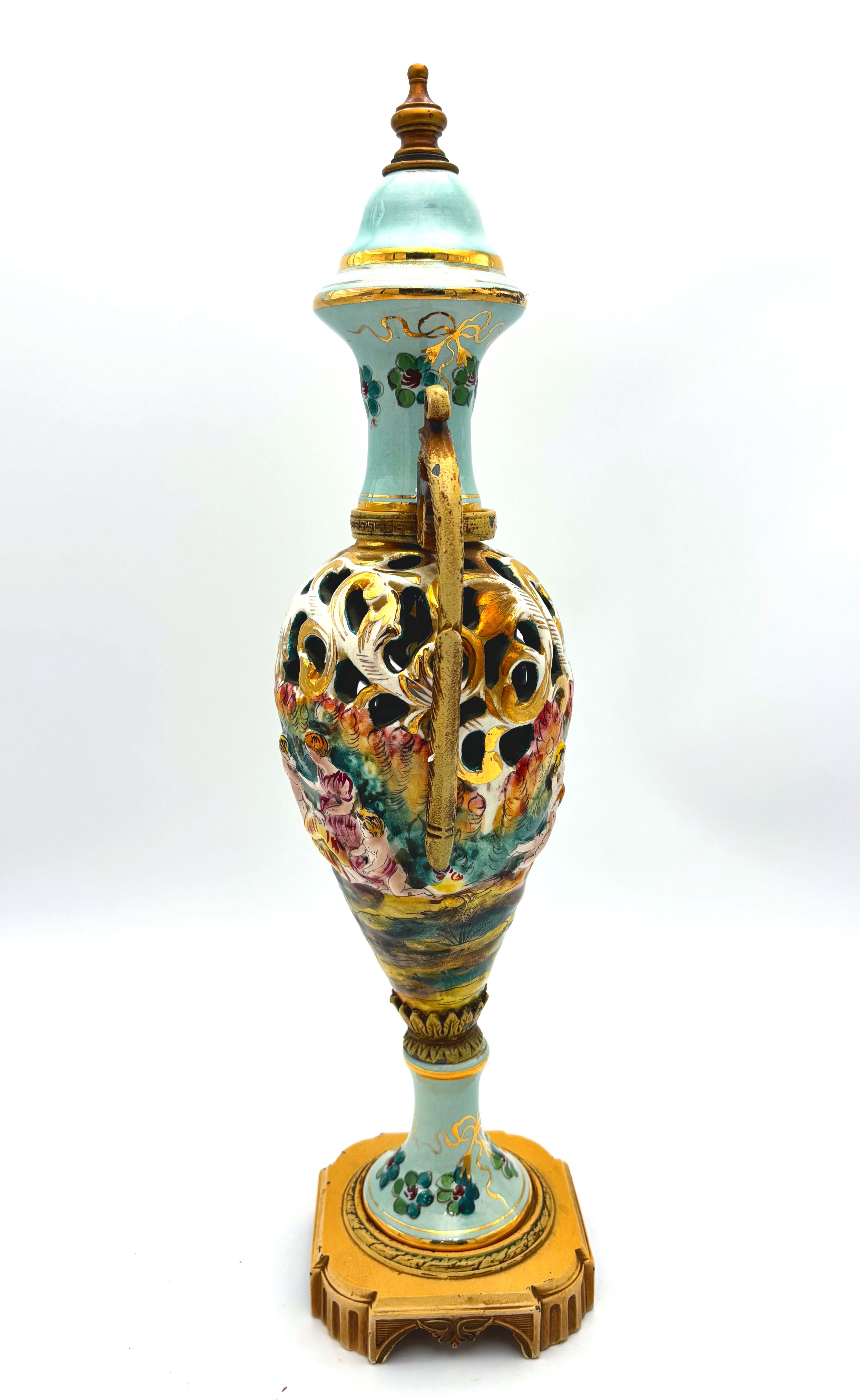 VINTAGE ITALIAN CAPODIMONTE STYLE TURQUOISE & GOLD LIDDED URN