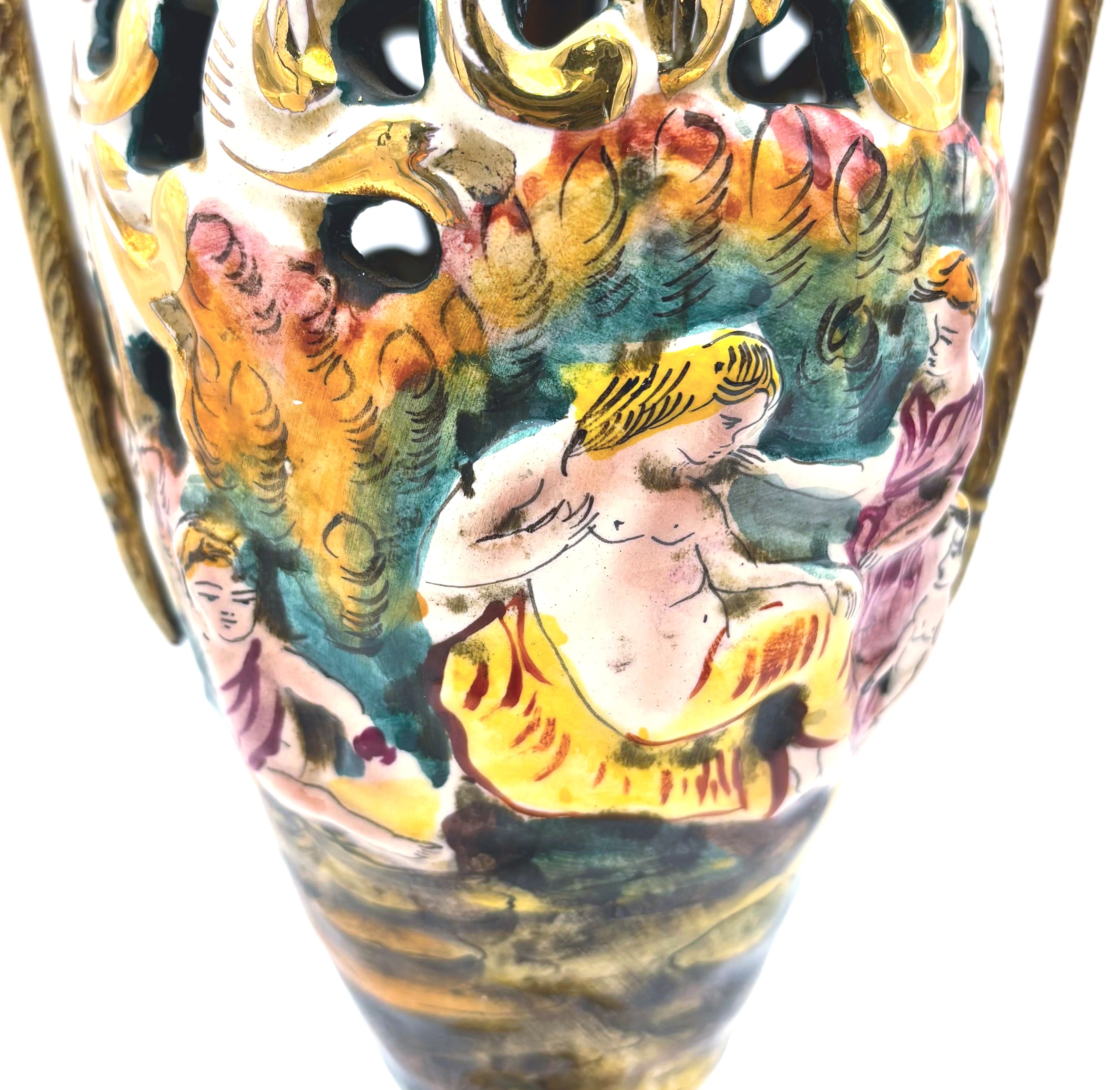 VINTAGE ITALIAN CAPODIMONTE STYLE TURQUOISE & GOLD LIDDED URN