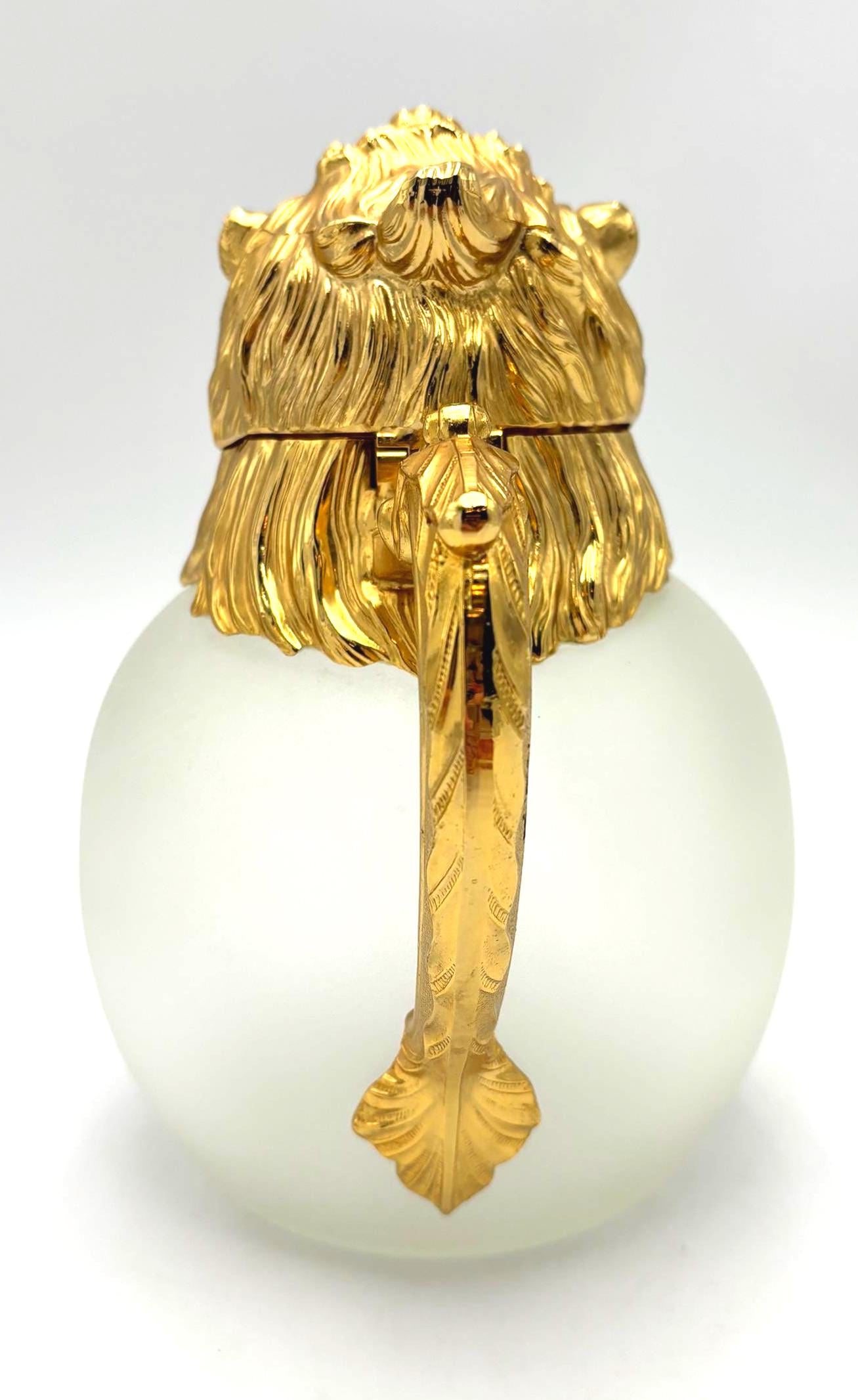 VINTAGE CAROLE STUPELL STYLE LION HEAD PITCHER – WHITE GOLD HOLLYWOOD REGENCY SCULPTURAL BARWARE