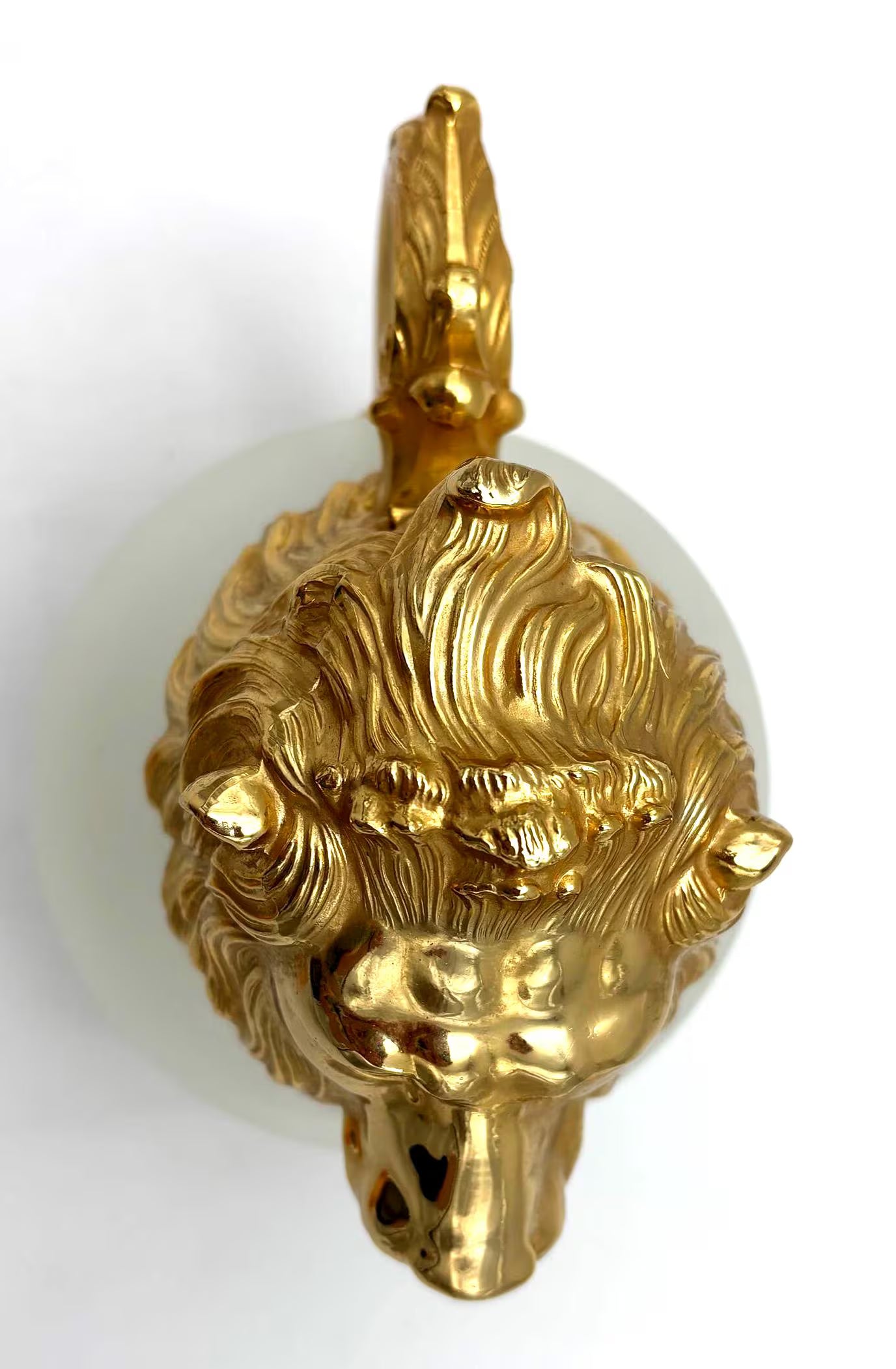 VINTAGE CAROLE STUPELL STYLE LION HEAD PITCHER – WHITE GOLD HOLLYWOOD REGENCY SCULPTURAL BARWARE