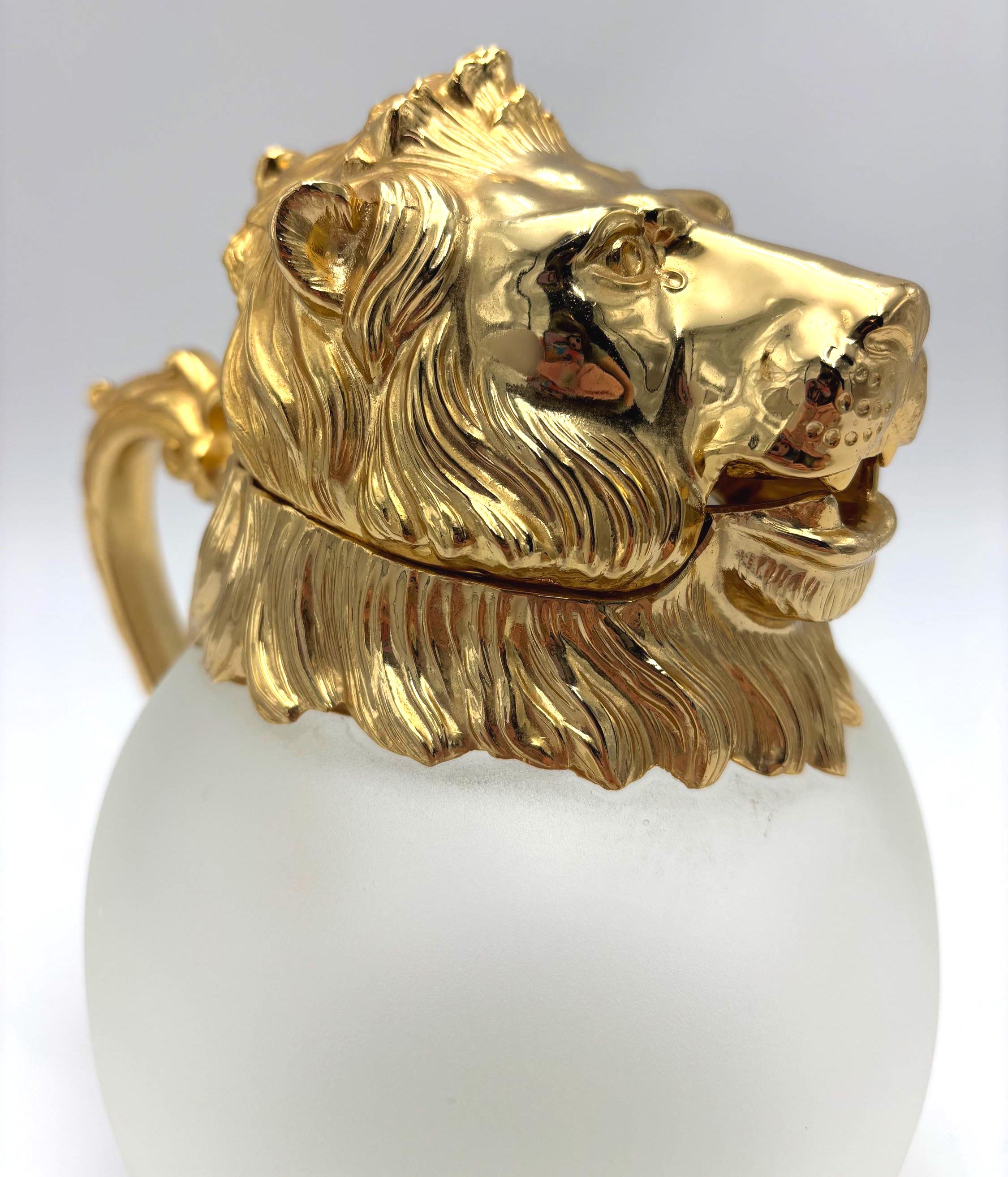 VINTAGE CAROLE STUPELL STYLE LION HEAD PITCHER – WHITE GOLD HOLLYWOOD REGENCY SCULPTURAL BARWARE