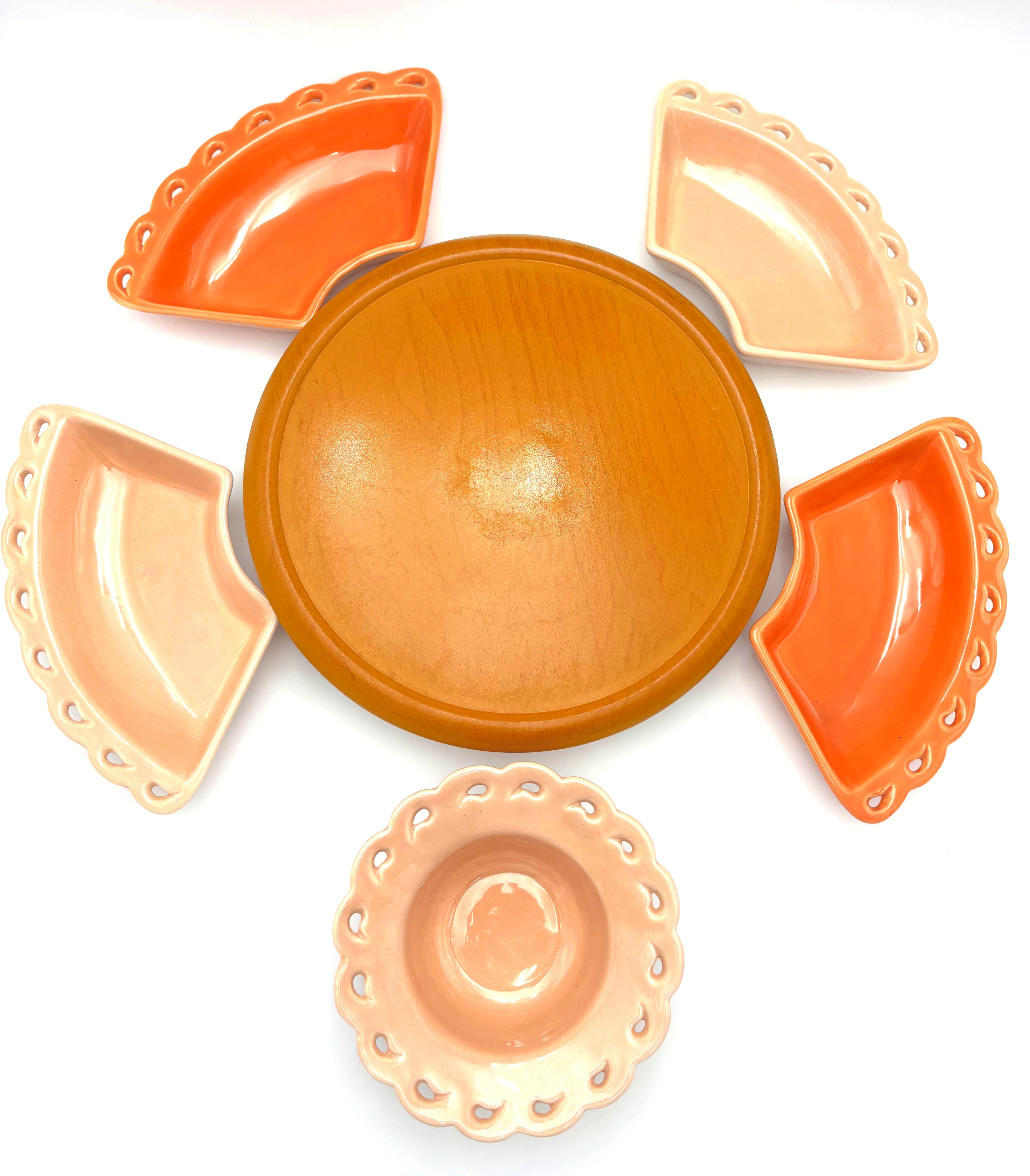 VINTAGE CALIFORNIA POTTERY LAZY SUSAN CHIP & DIP SET