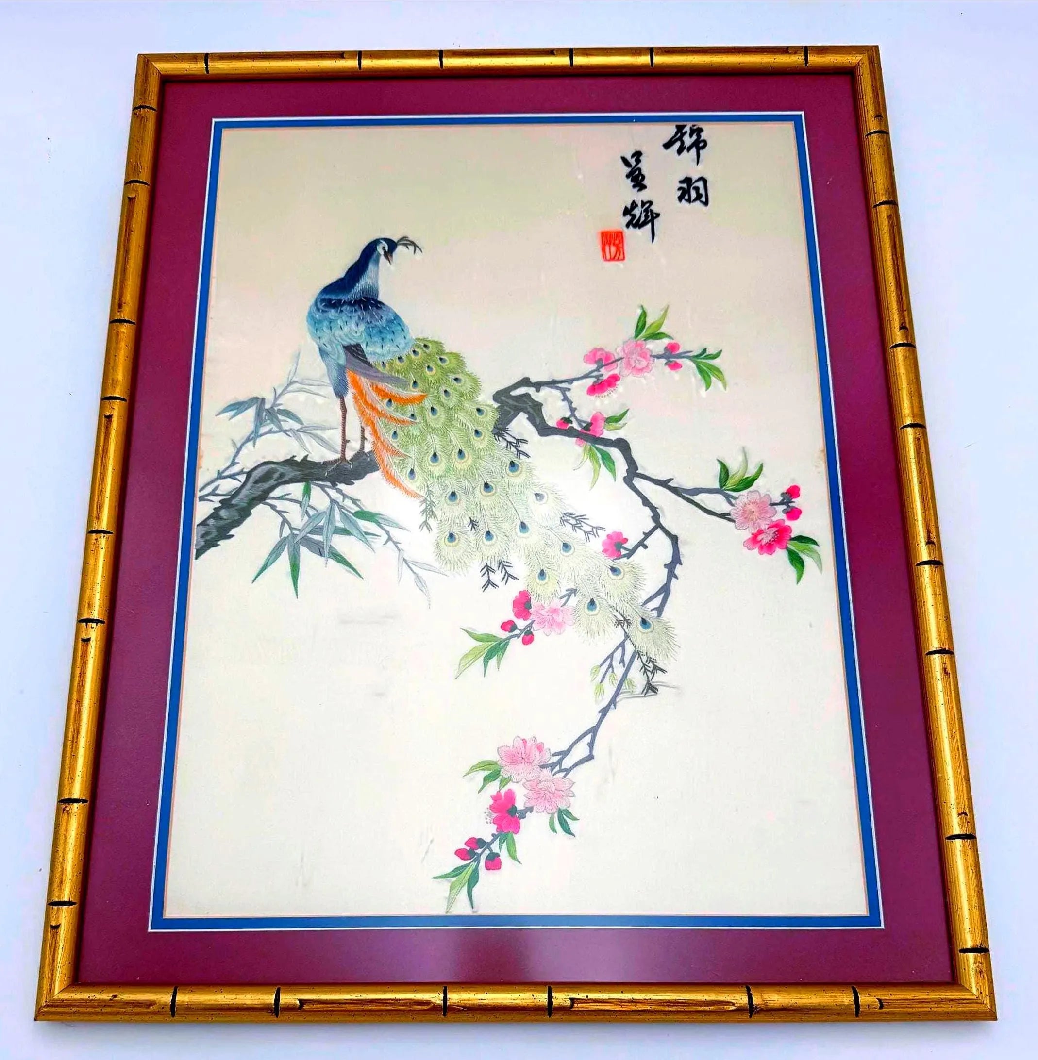 VINTAGE ASIAN EMBROIDERED SILK WALL ART SET OF 3 | FRAMED PEACOCK & CRANE CHINOISERIE TEXTILE PANELS