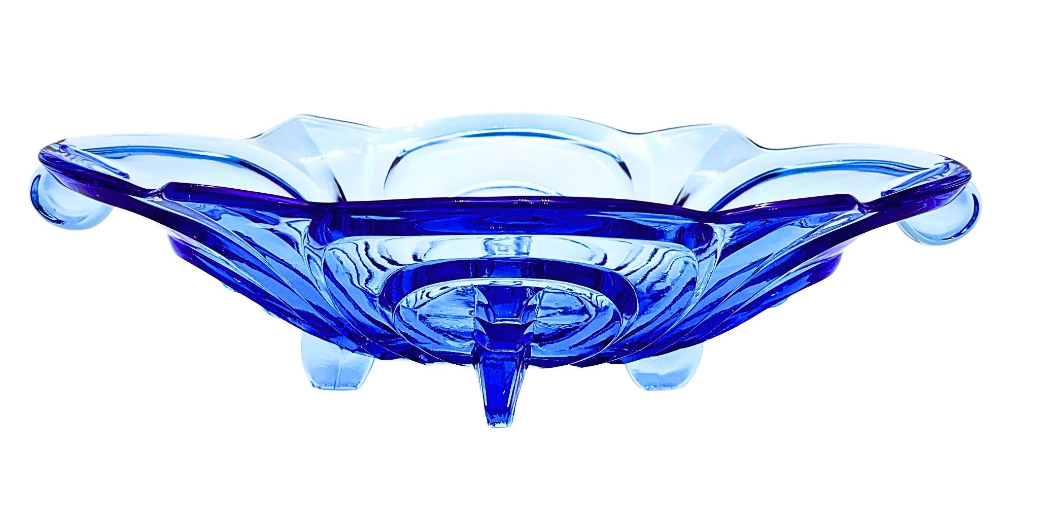 VINTAGE DRESDEN BLUE PRESSED GLASS BOWL ATTRIBUTED TO AUGUST WALTHER & SOHNE GERMAN ART DECO CENTERPIECE