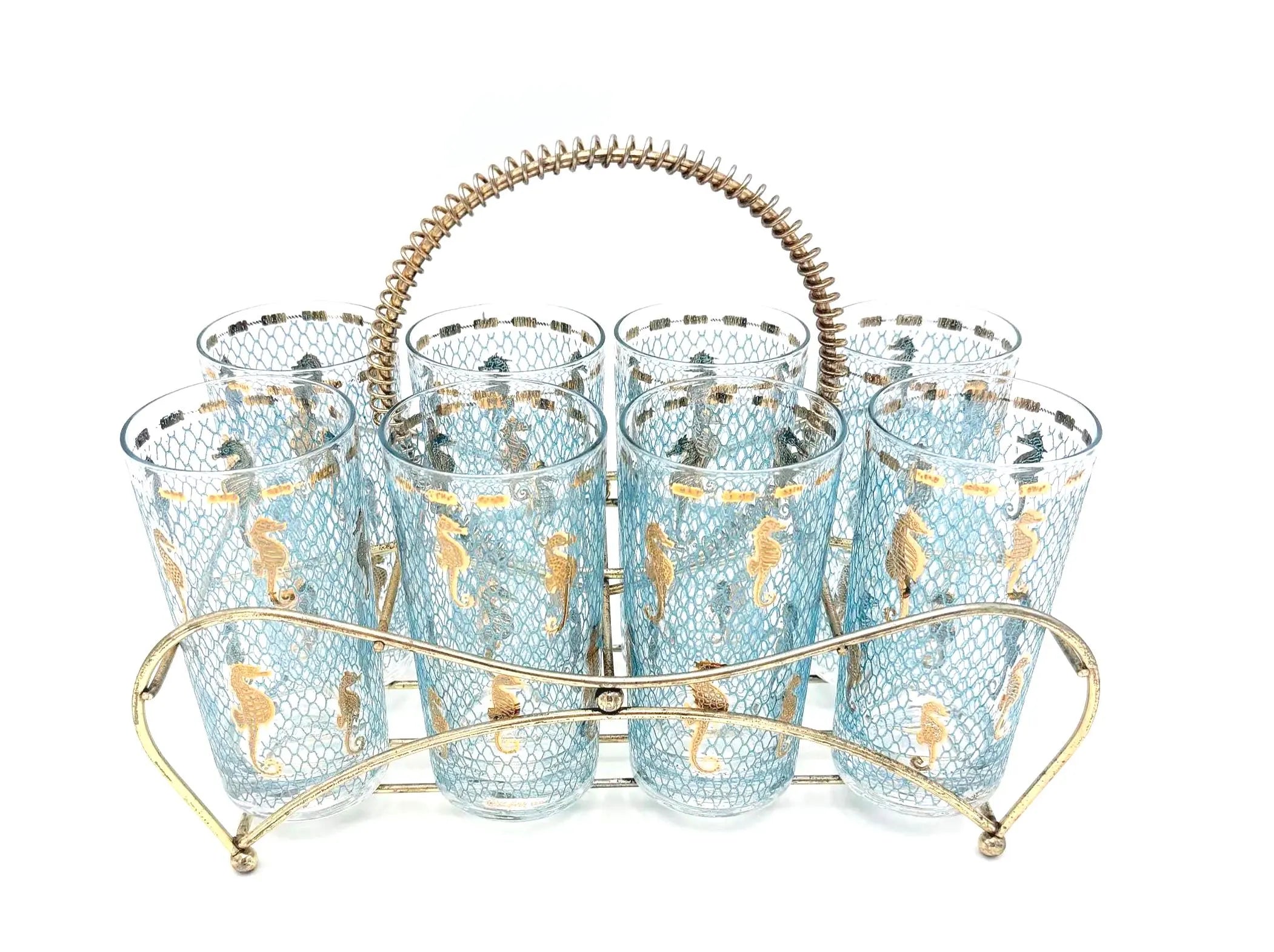 VINTAGE CULVER SEAHORSE 22K GOLD HIGHBALL GLASSES WITH ORIGINAL CARRIER – SET OF 8