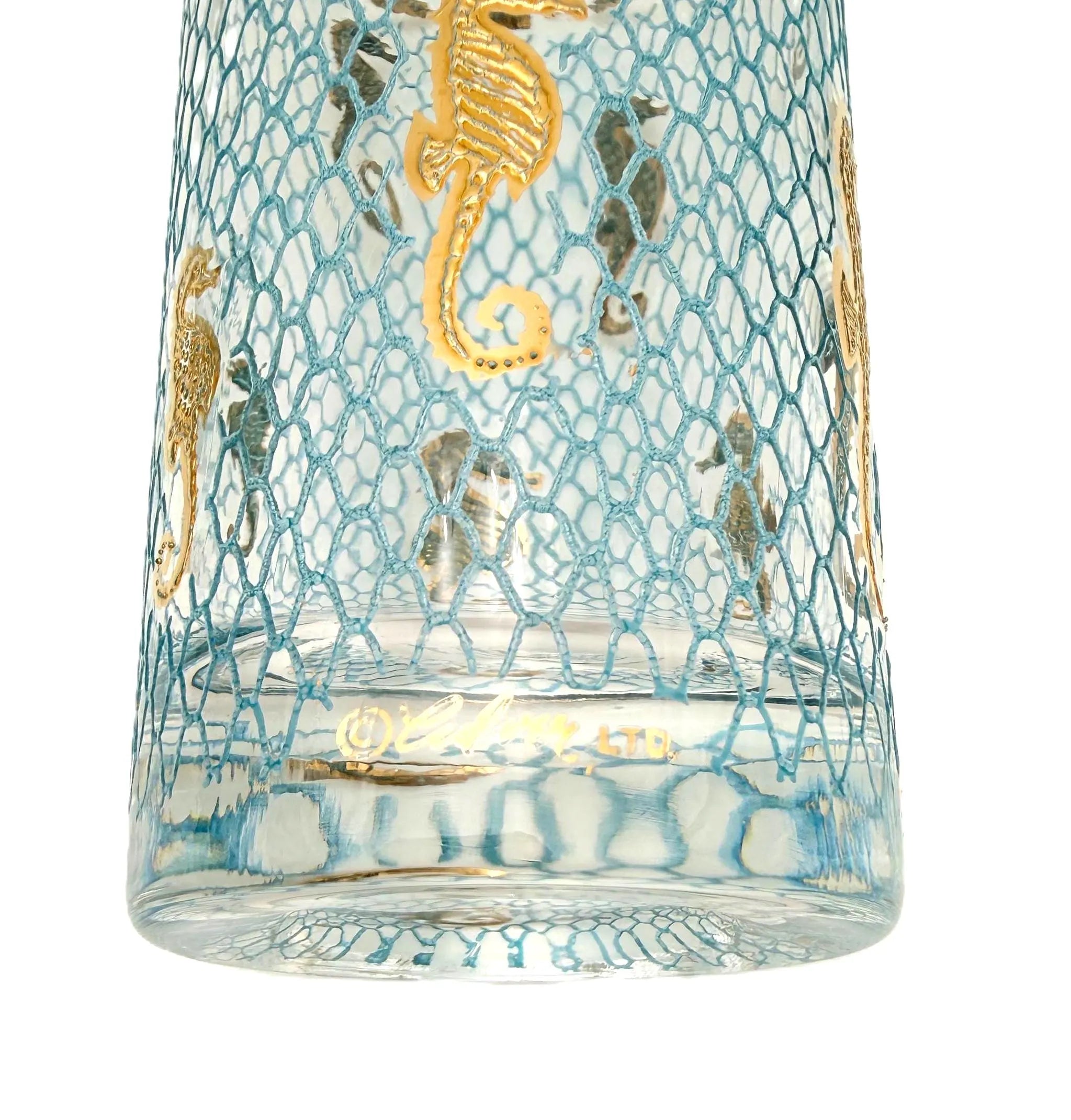 VINTAGE CULVER SEAHORSE 22K GOLD HIGHBALL GLASSES WITH ORIGINAL CARRIER – SET OF 8