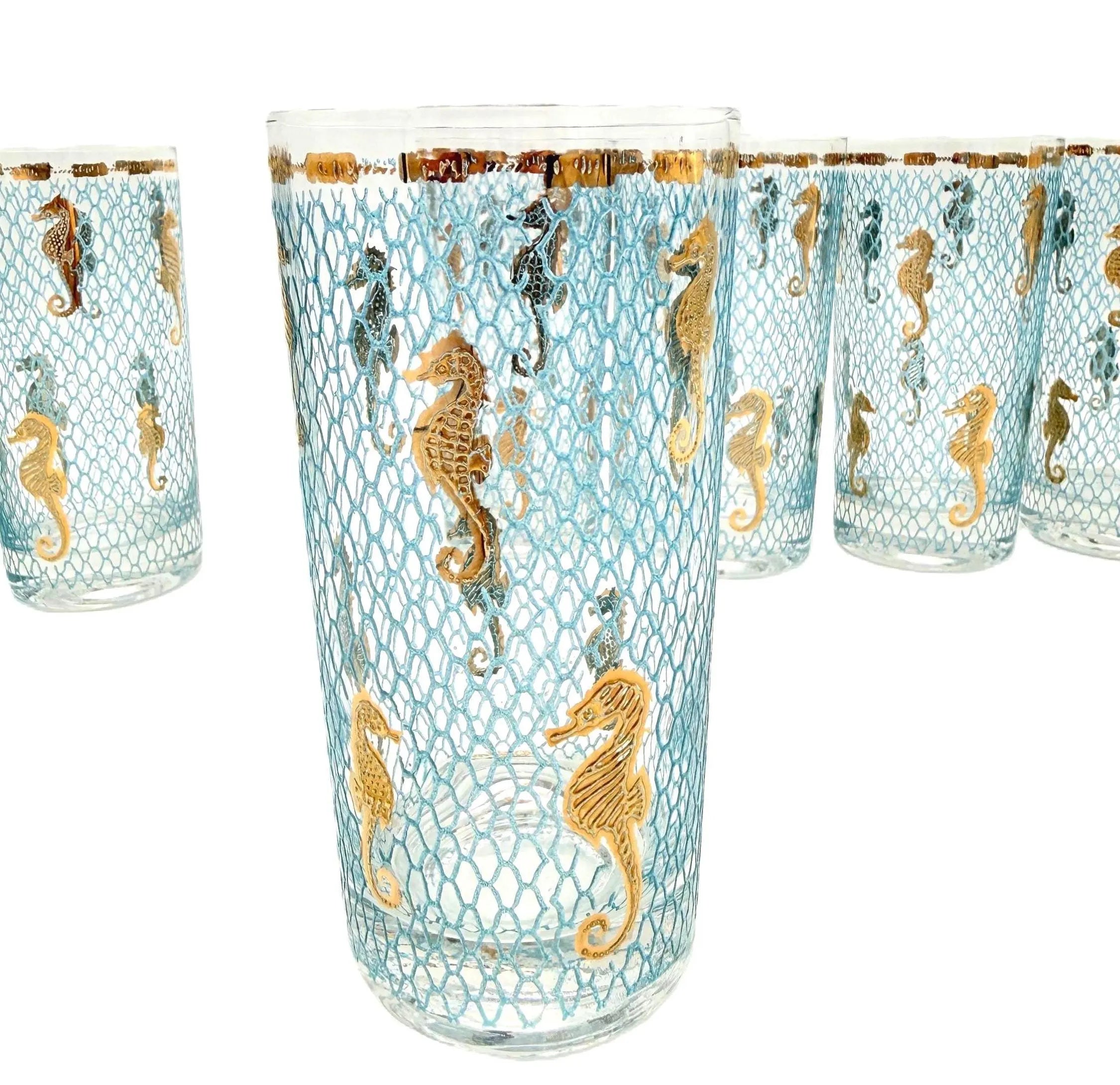 VINTAGE CULVER SEAHORSE 22K GOLD HIGHBALL GLASSES WITH ORIGINAL CARRIER – SET OF 8