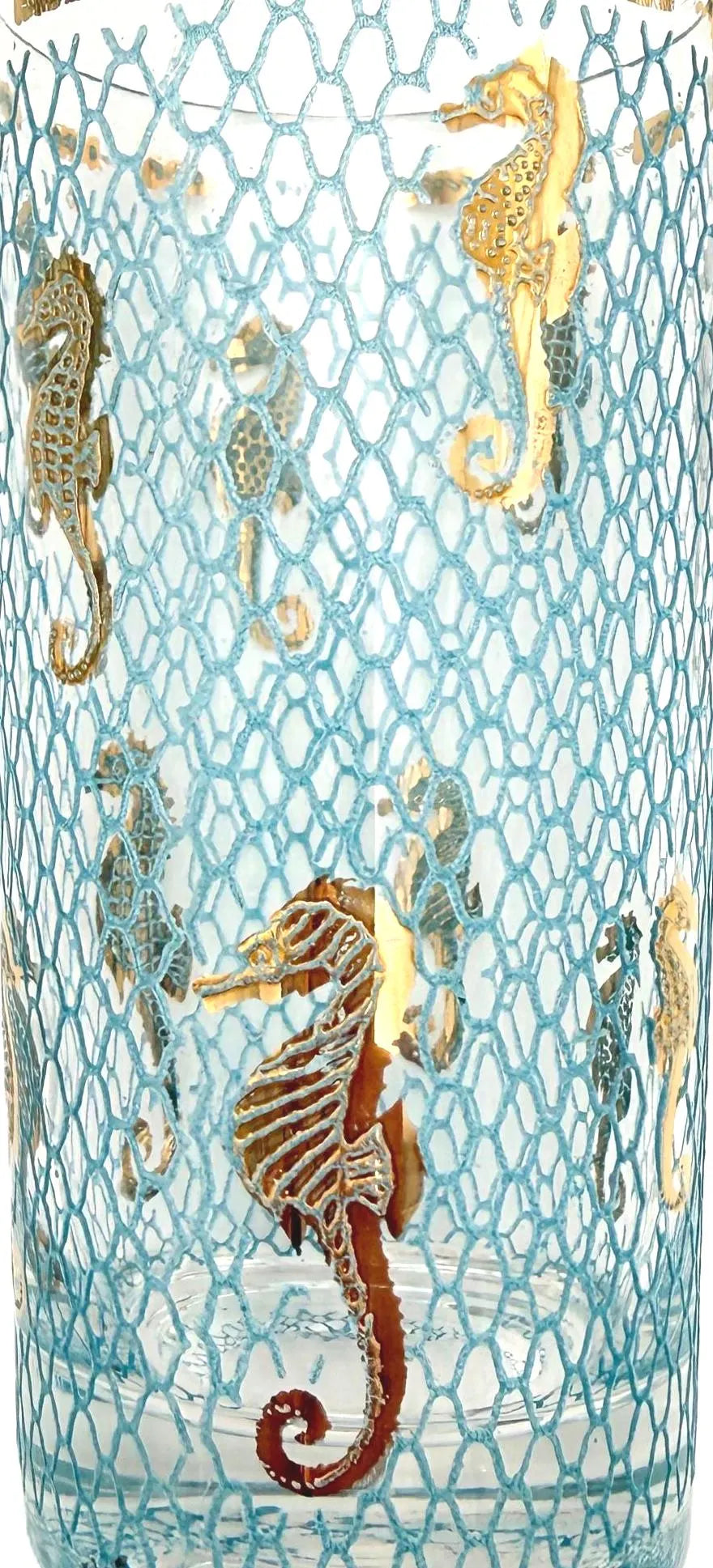 VINTAGE CULVER SEAHORSE 22K GOLD HIGHBALL GLASSES WITH ORIGINAL CARRIER – SET OF 8