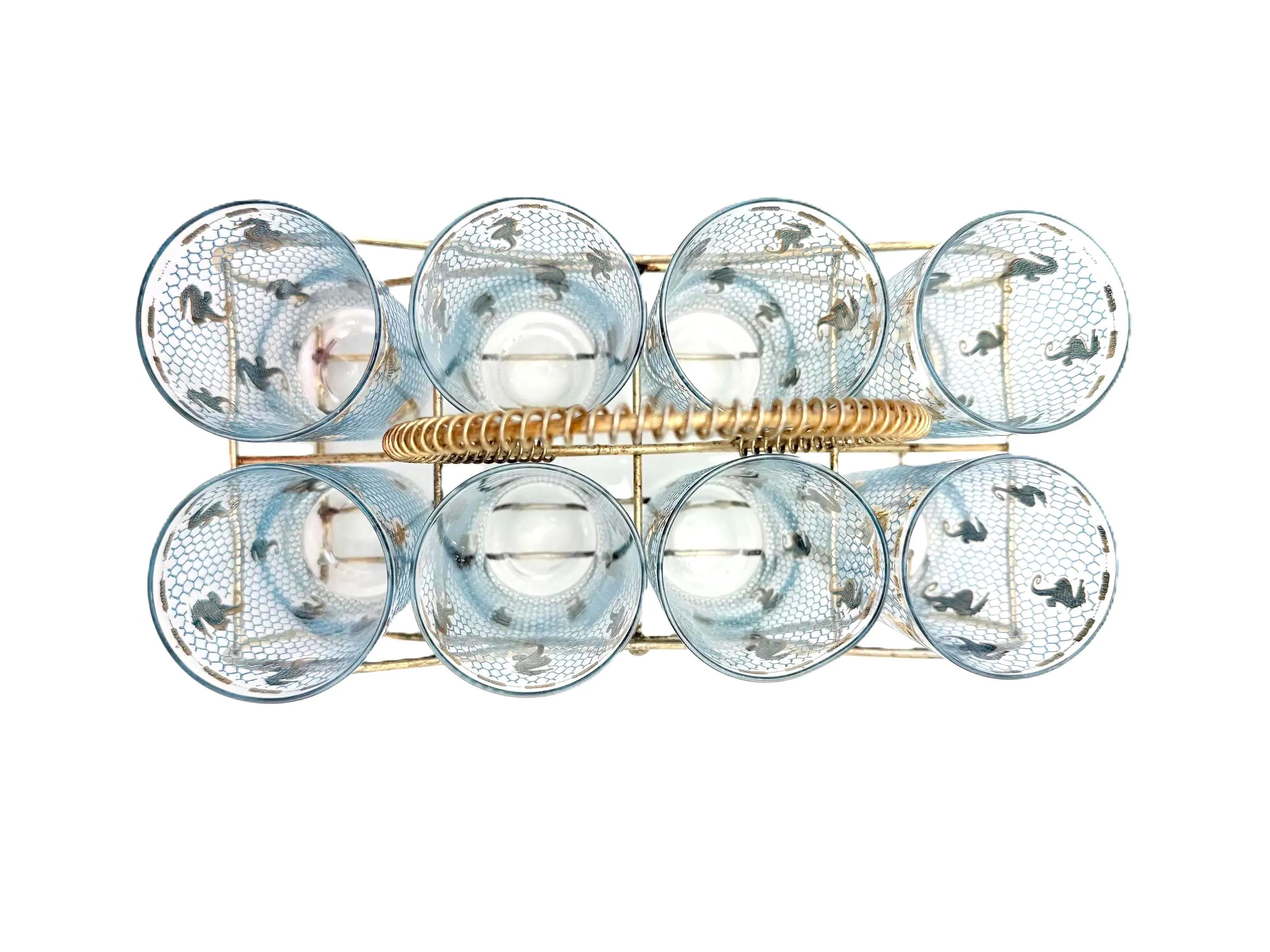 VINTAGE CULVER SEAHORSE 22K GOLD HIGHBALL GLASSES WITH ORIGINAL CARRIER – SET OF 8