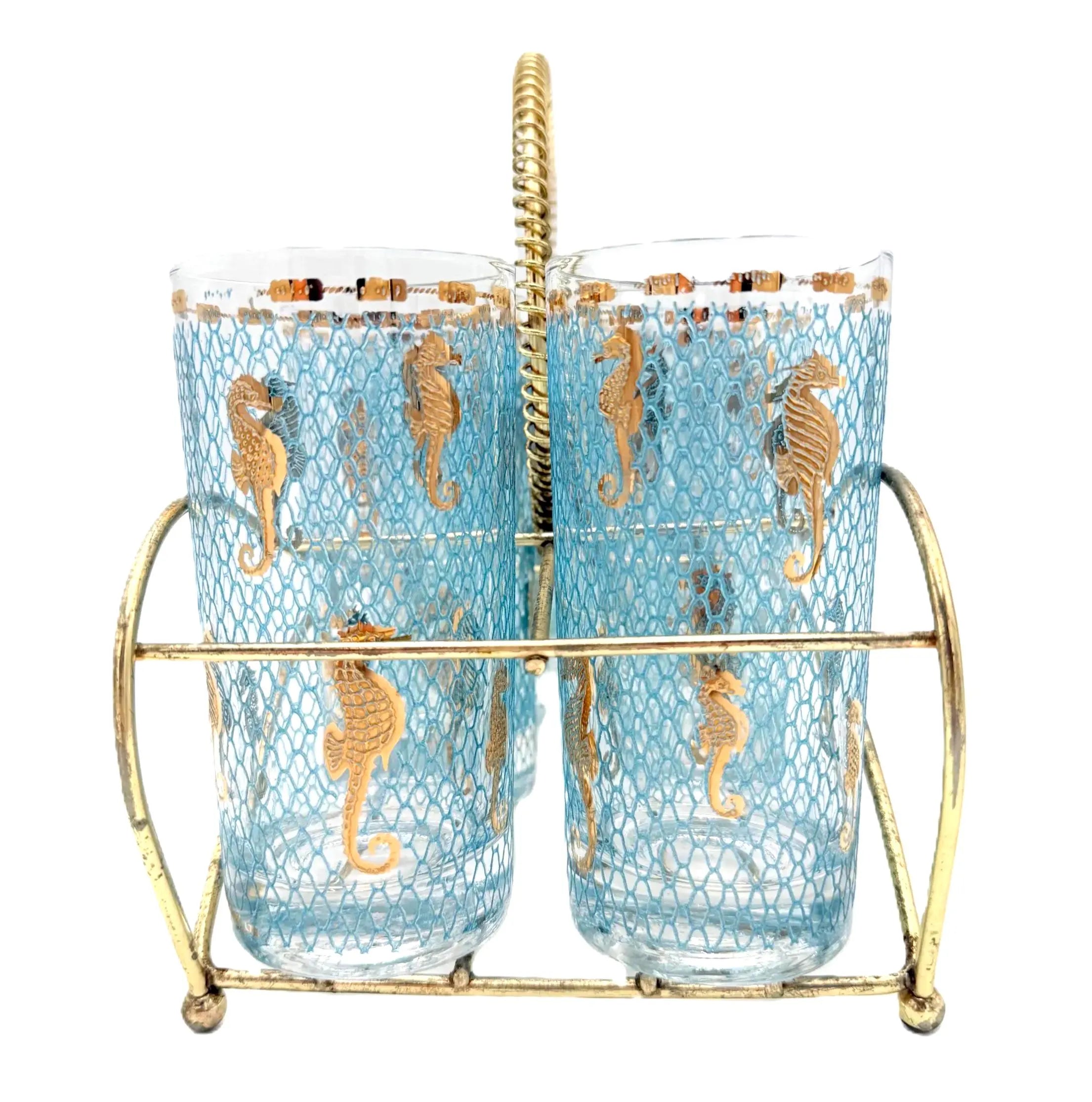 VINTAGE CULVER SEAHORSE 22K GOLD HIGHBALL GLASSES WITH ORIGINAL CARRIER – SET OF 8