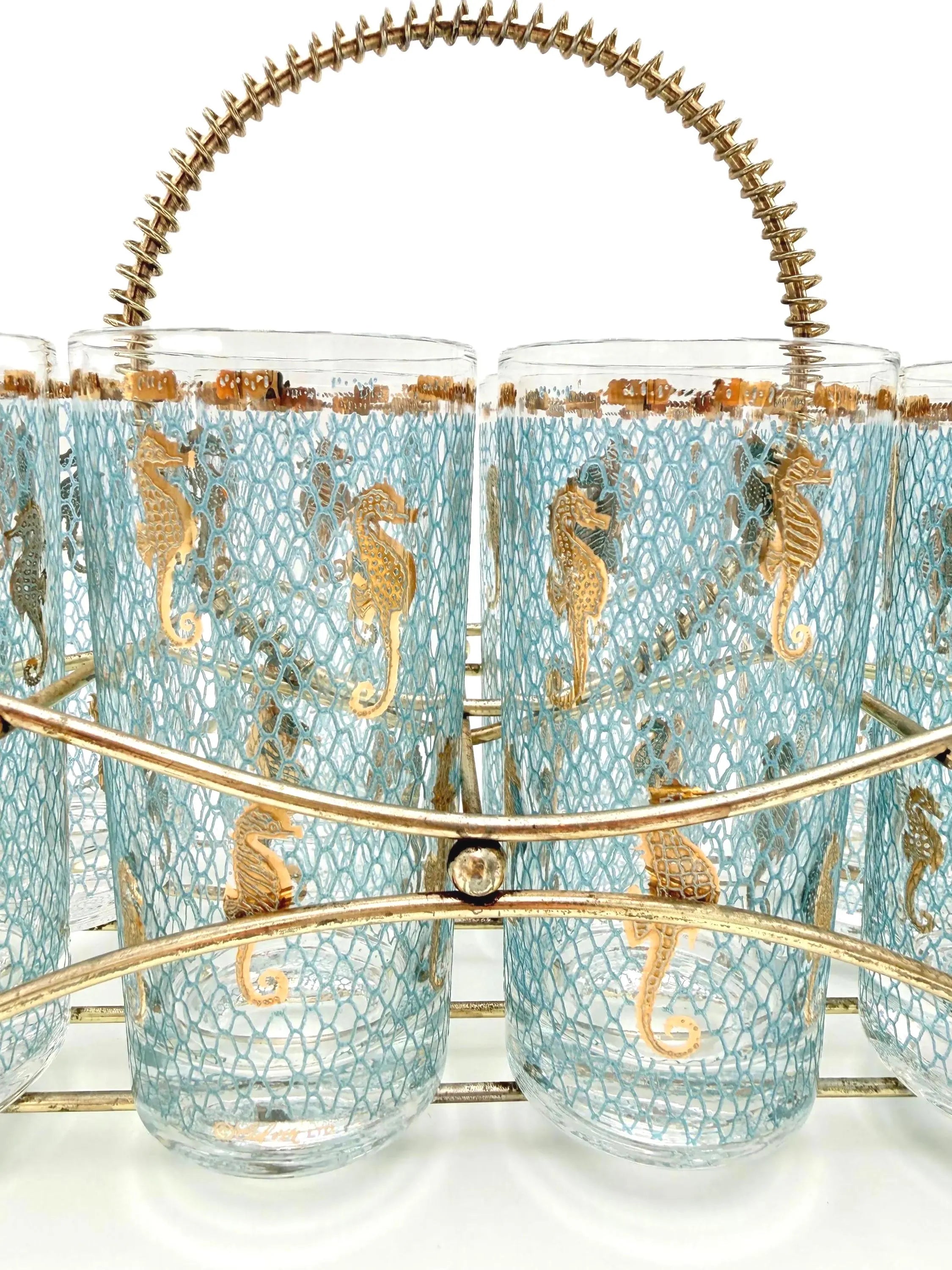 VINTAGE CULVER SEAHORSE 22K GOLD HIGHBALL GLASSES WITH ORIGINAL CARRIER – SET OF 8