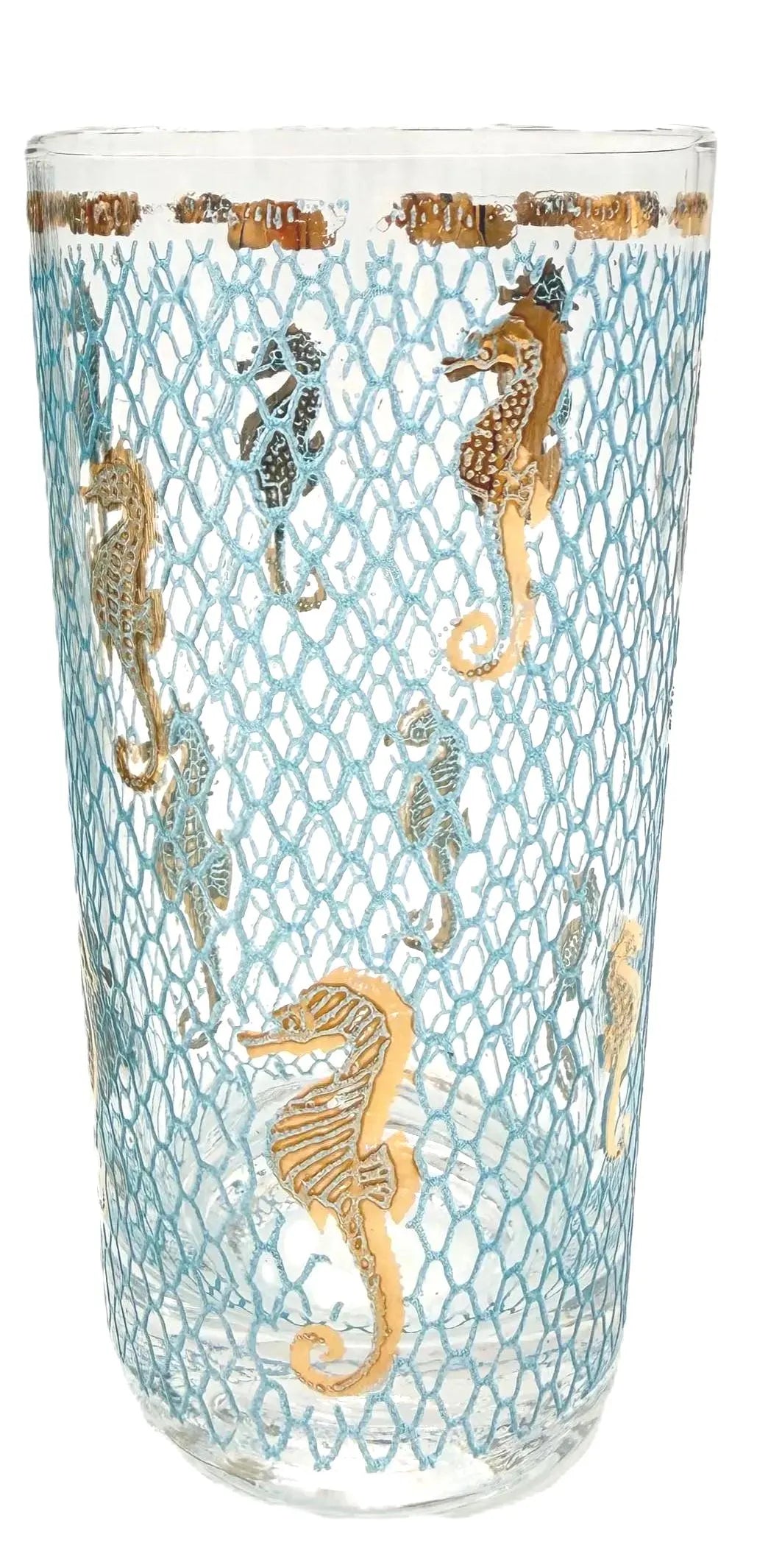 VINTAGE CULVER SEAHORSE 22K GOLD HIGHBALL GLASSES WITH ORIGINAL CARRIER – SET OF 8