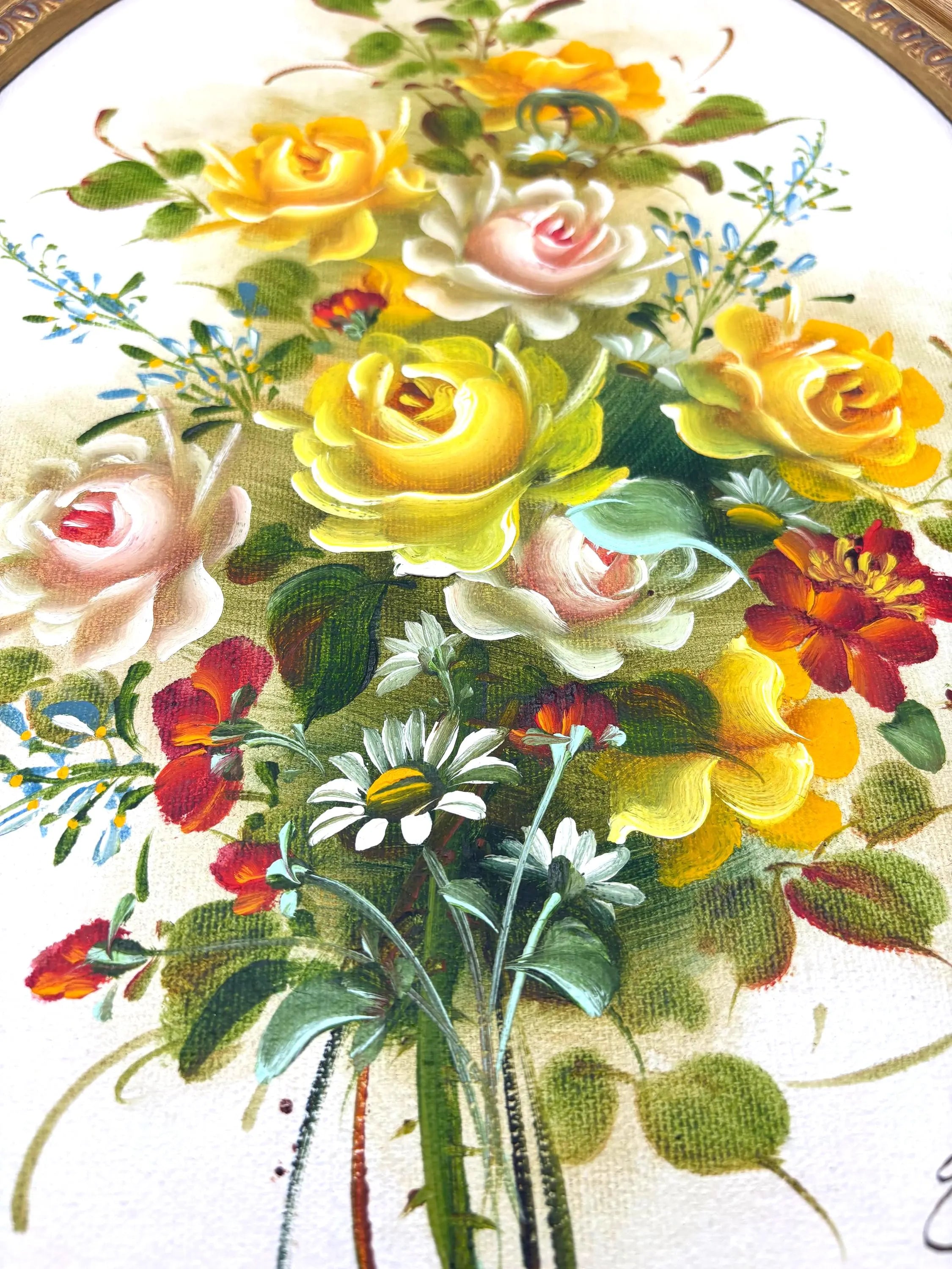 VINTAGE FLORAL OIL PAINTINGS PAIR – GOLD OVAL FRAMES HOLLYWOOD REGENCY YELLOW ROSE WALL ART SET