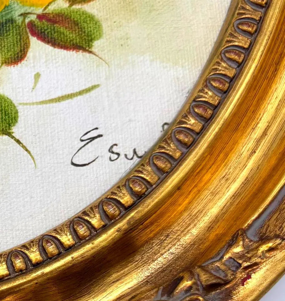 VINTAGE FLORAL OIL PAINTINGS PAIR – GOLD OVAL FRAMES HOLLYWOOD REGENCY YELLOW ROSE WALL ART SET
