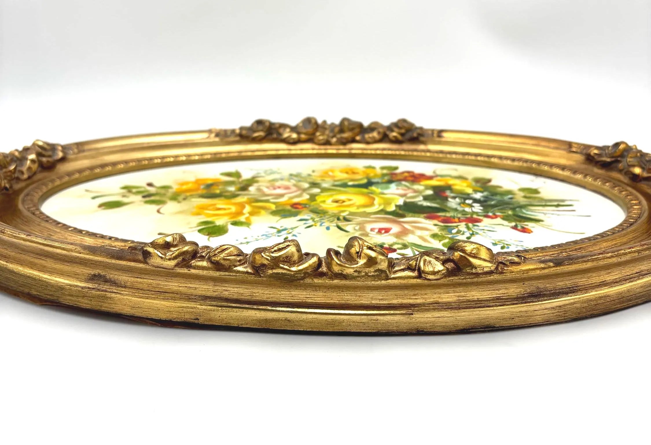VINTAGE FLORAL OIL PAINTINGS PAIR – GOLD OVAL FRAMES HOLLYWOOD REGENCY YELLOW ROSE WALL ART SET