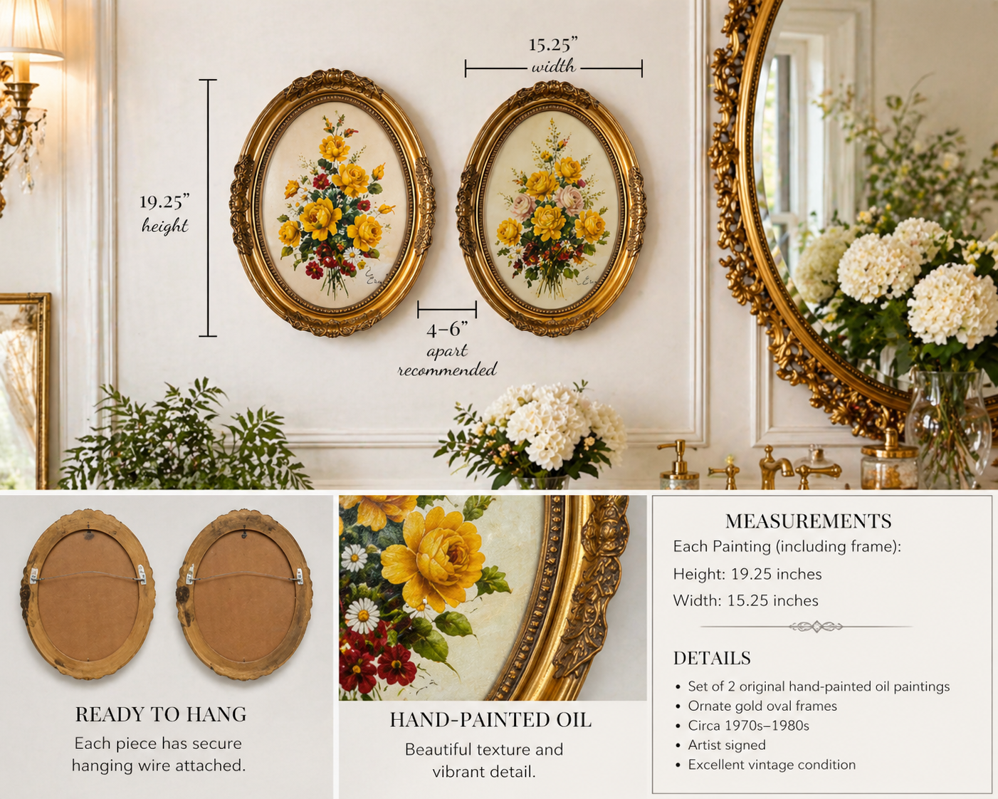 VINTAGE FLORAL OIL PAINTINGS PAIR – GOLD OVAL FRAMES HOLLYWOOD REGENCY YELLOW ROSE WALL ART SET