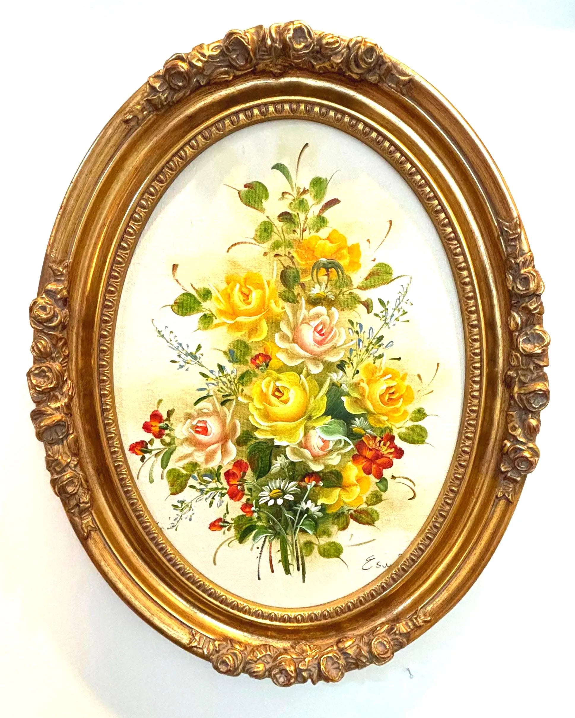 VINTAGE FLORAL OIL PAINTINGS PAIR – GOLD OVAL FRAMES HOLLYWOOD REGENCY YELLOW ROSE WALL ART SET