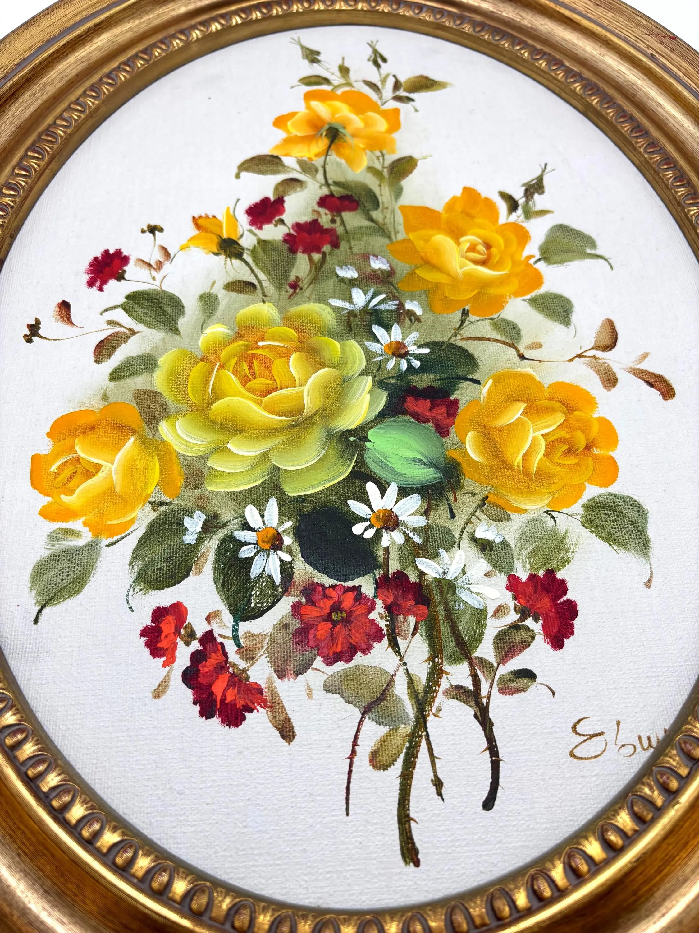 VINTAGE FLORAL OIL PAINTINGS PAIR – GOLD OVAL FRAMES HOLLYWOOD REGENCY YELLOW ROSE WALL ART SET