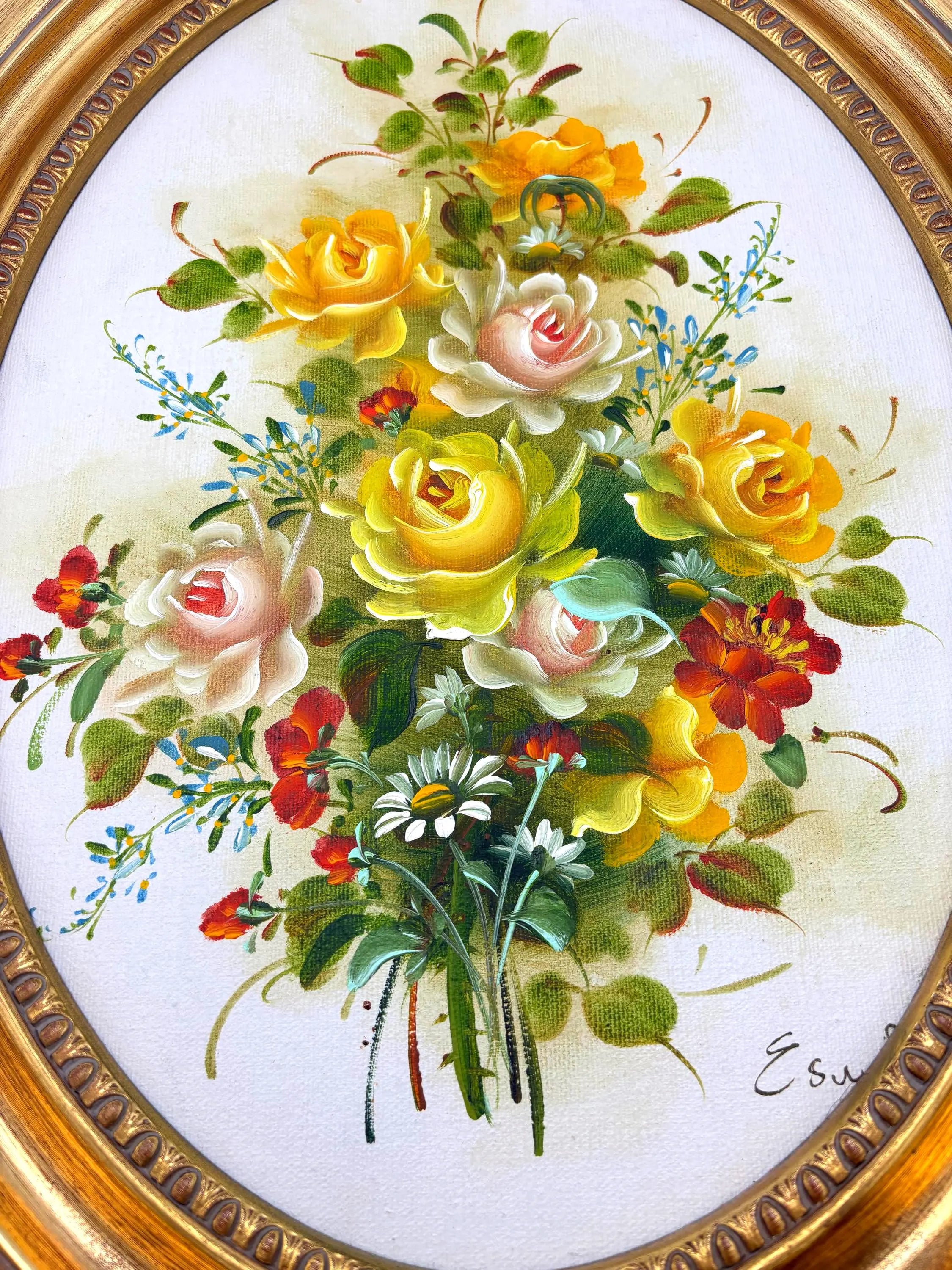 VINTAGE FLORAL OIL PAINTINGS PAIR – GOLD OVAL FRAMES HOLLYWOOD REGENCY YELLOW ROSE WALL ART SET