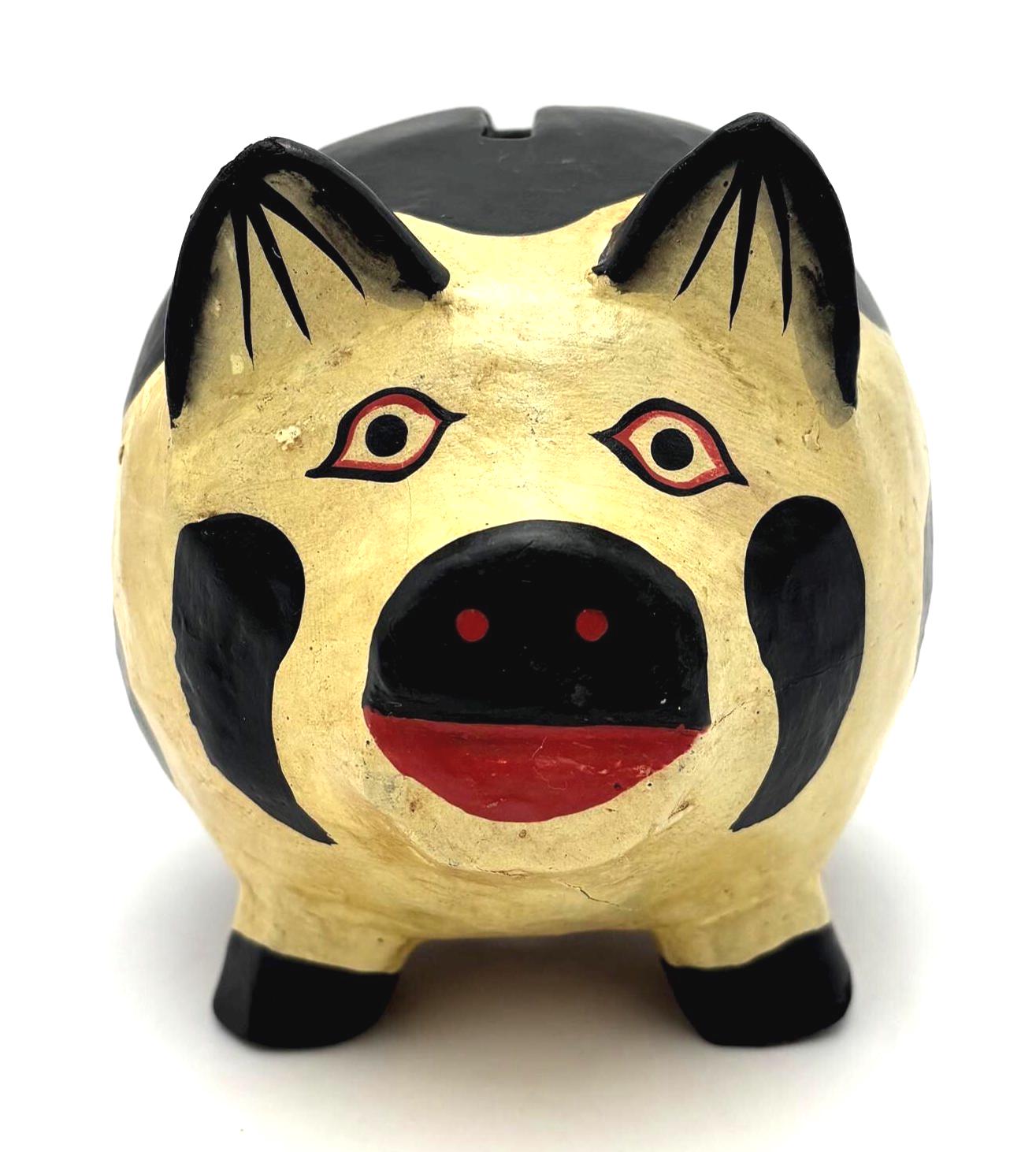 VINTAGE HAND CARVED FOLK ART PIGGY BANK | PRIMITIVE PIG SCULPTURE WHIMSICAL BOHO COTTAGE DECOR