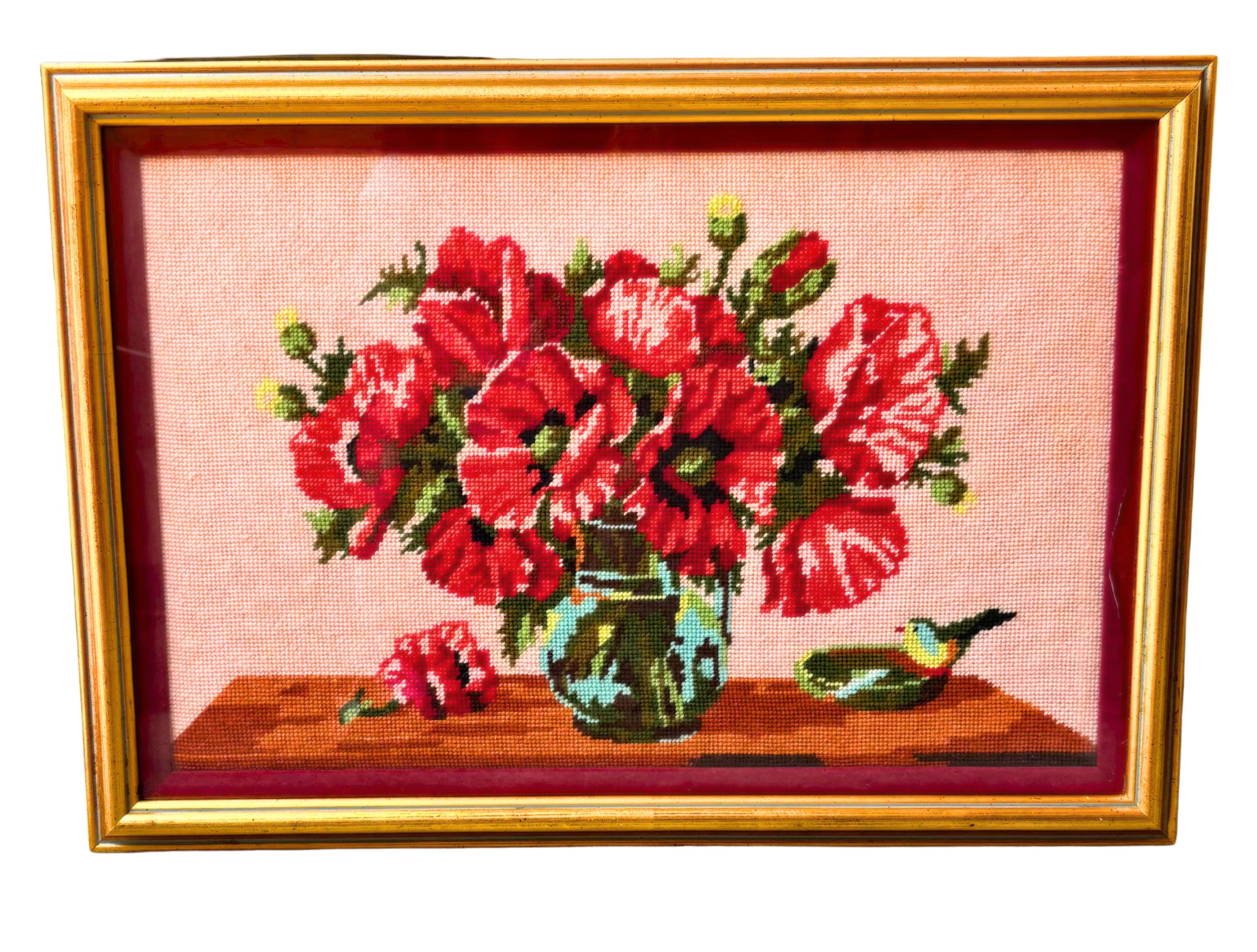 VINTAGE FRAMED NEEDLEPOINT POPPY STILL LIFE WALL ART