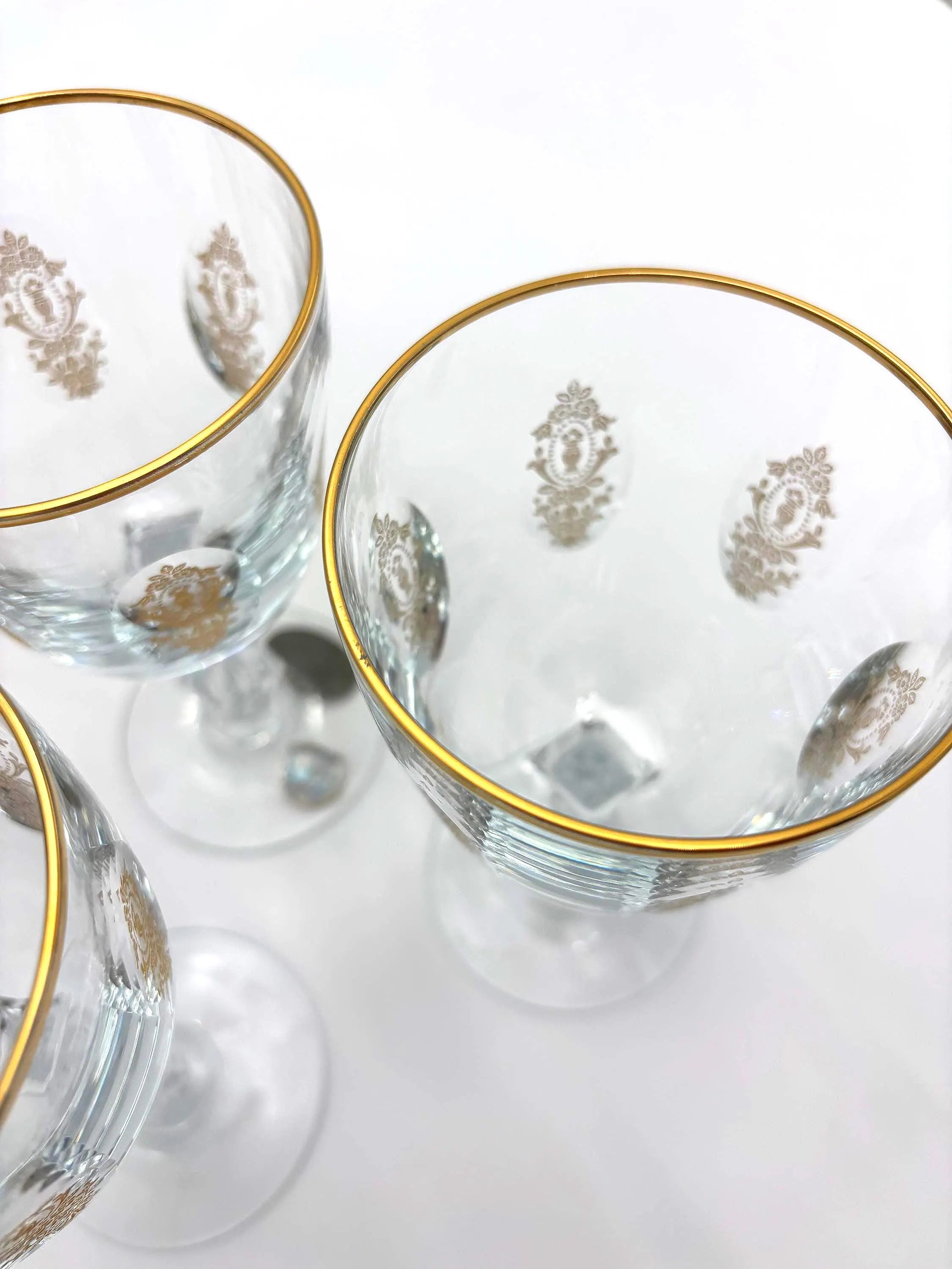 Vintage Franciscan Masterpiece Crystal Palais Versailles Gold Red Wine Glasses Set of 3, Gold Rim Gilt Stemware, Hollywood Regency Barware