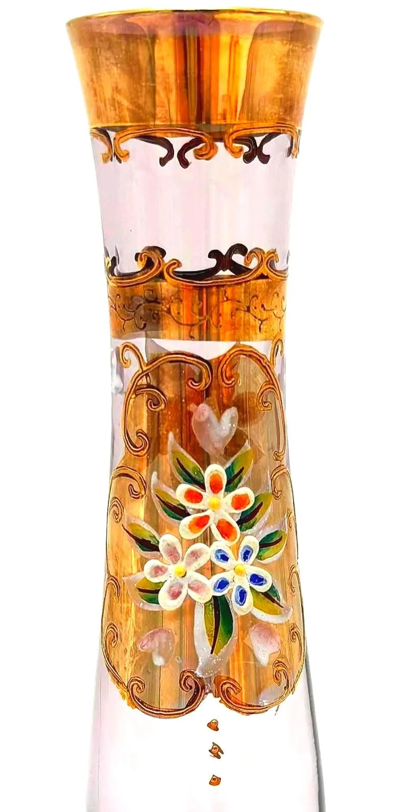 VINTAGE JAPANESE ART GLASS BUD VASE – LILAC AMETHYST HAND-PAINTED GOLD ENAMEL FLORAL DECOR